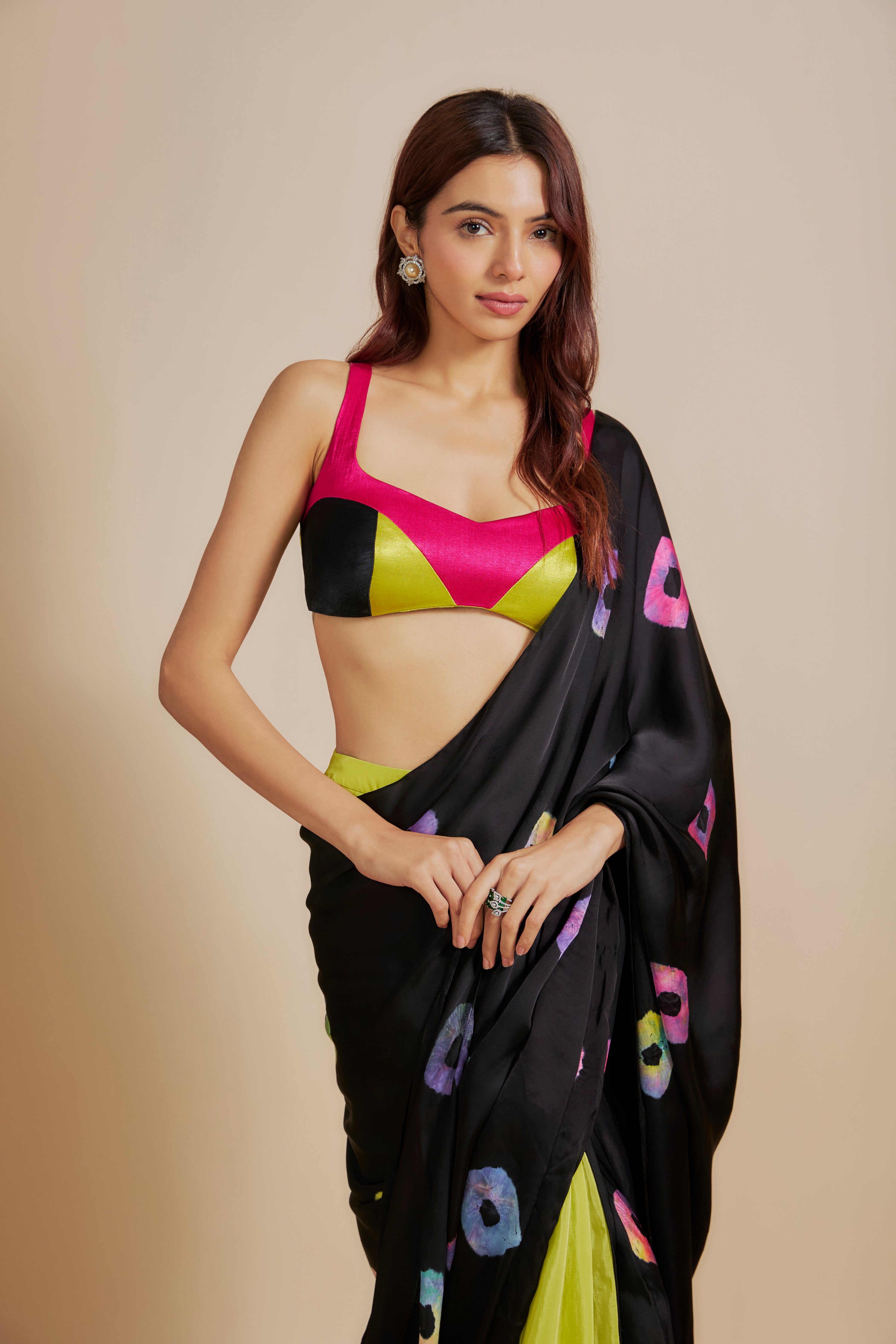 BLACK SHIBORI SAREE WITH MULTI-COLOUR BLOUSE