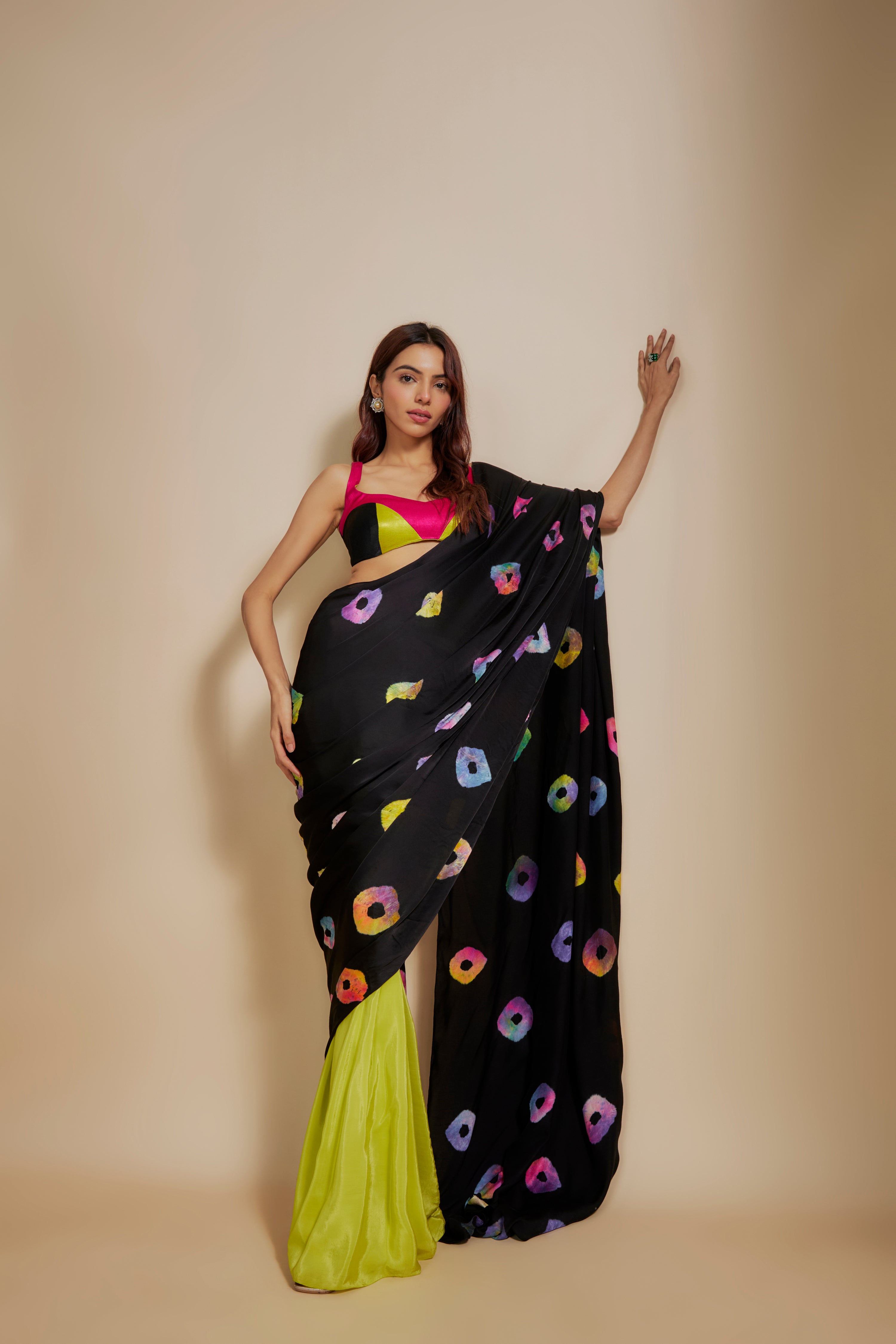 BLACK SHIBORI SAREE WITH MULTI-COLOUR BLOUSE