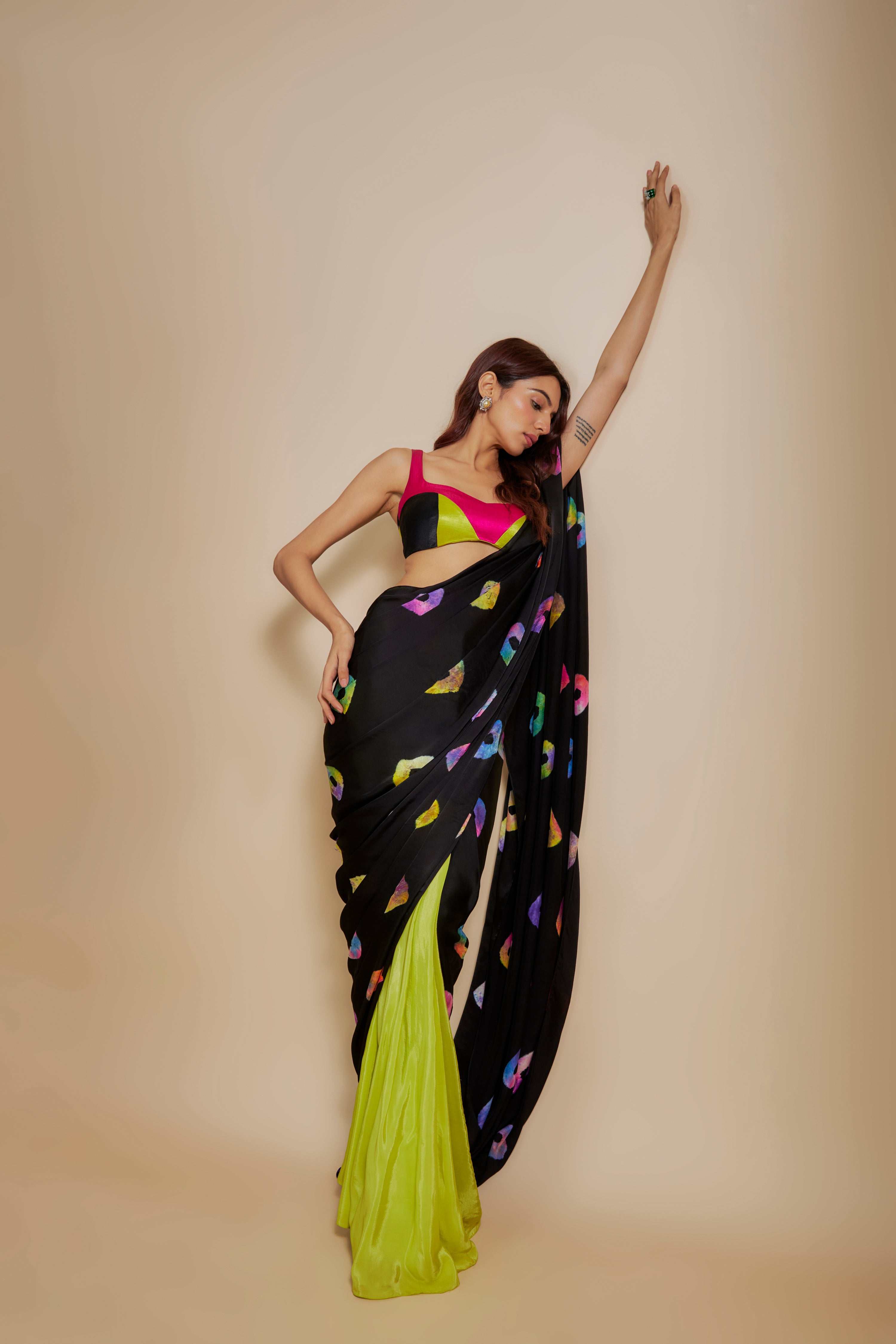 BLACK SHIBORI SAREE WITH MULTI-COLOUR BLOUSE