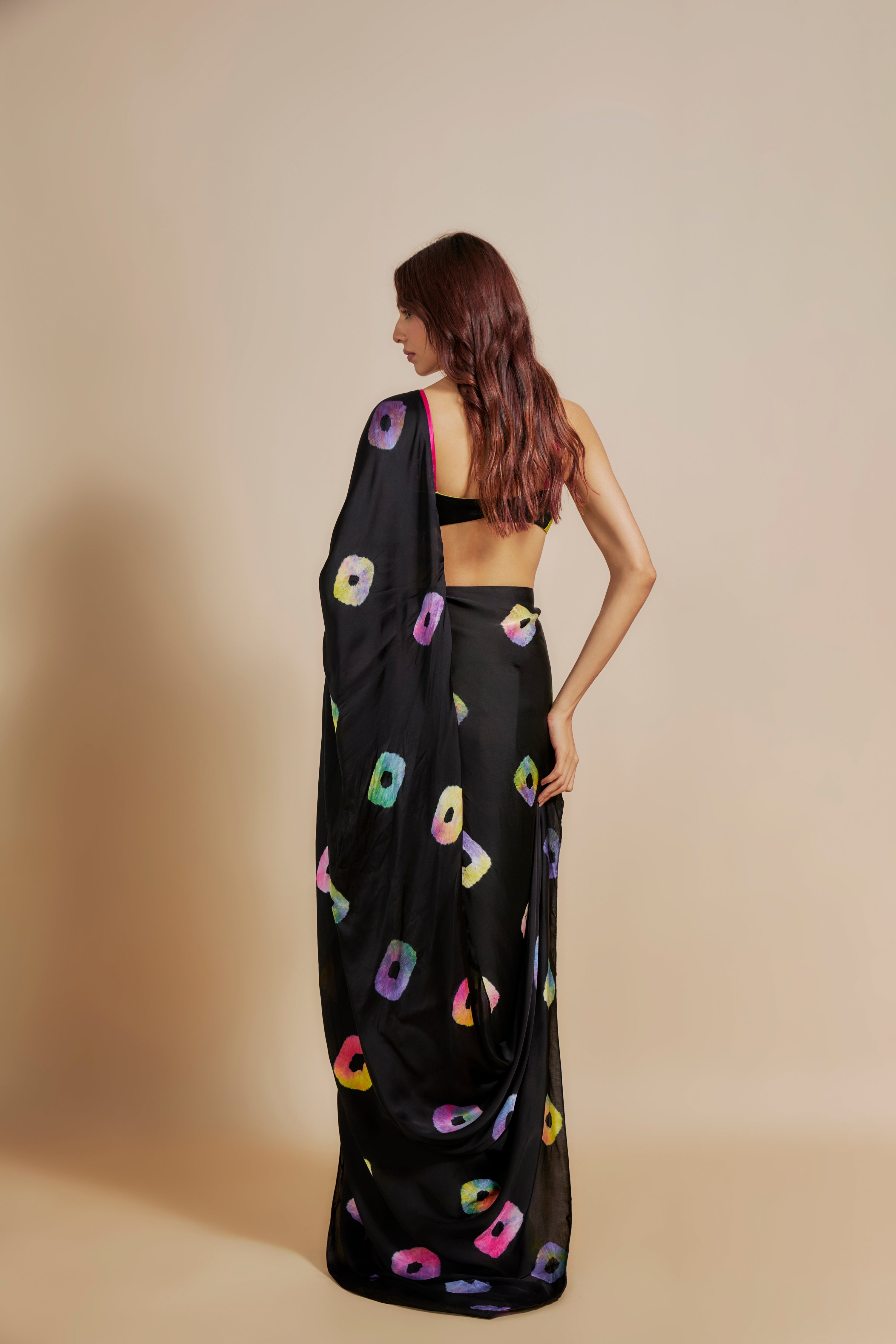 BLACK SHIBORI SAREE WITH MULTI-COLOUR BLOUSE