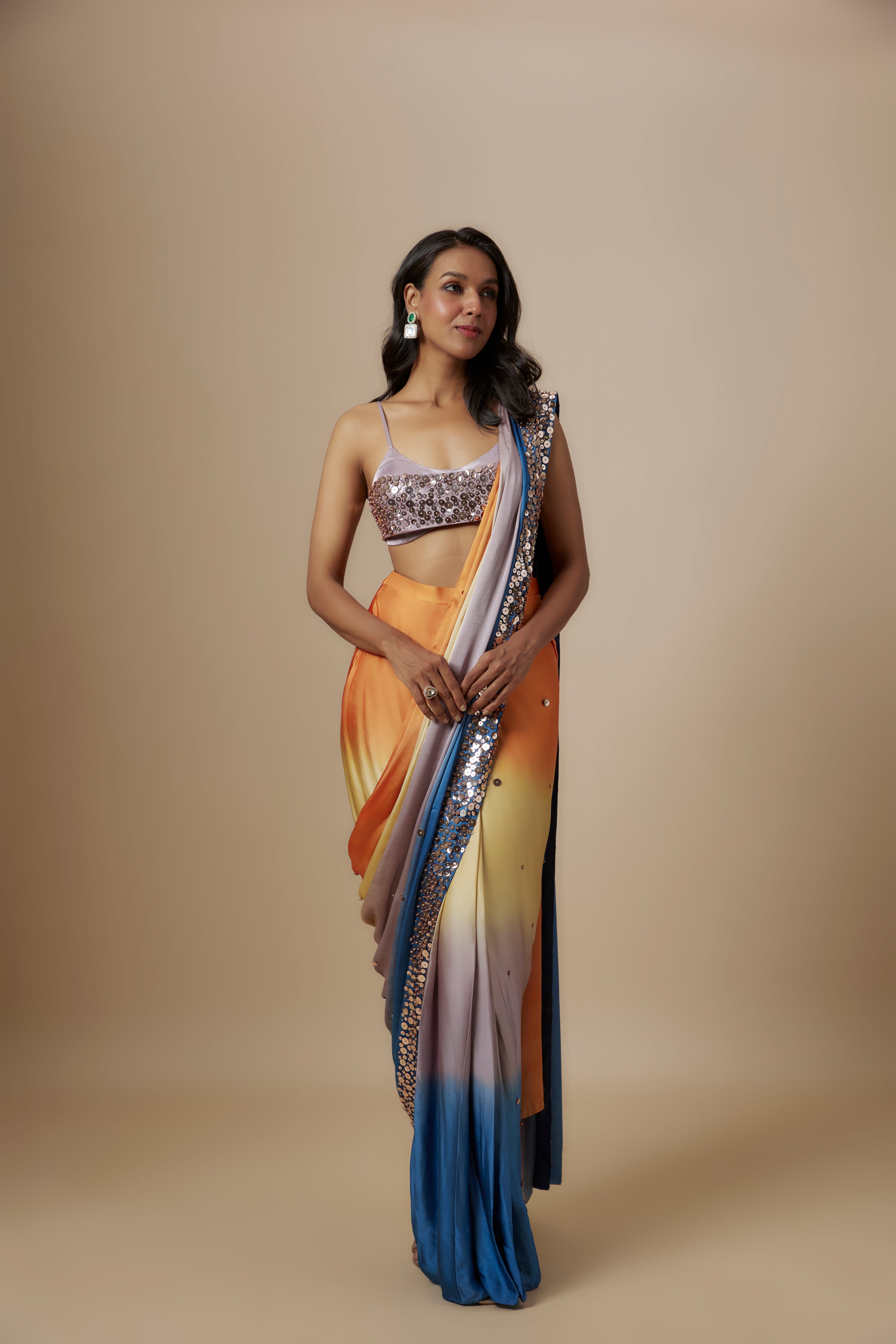 MULTI-COLOUR OMBRE SAREE WITH LILAC BLOUSE