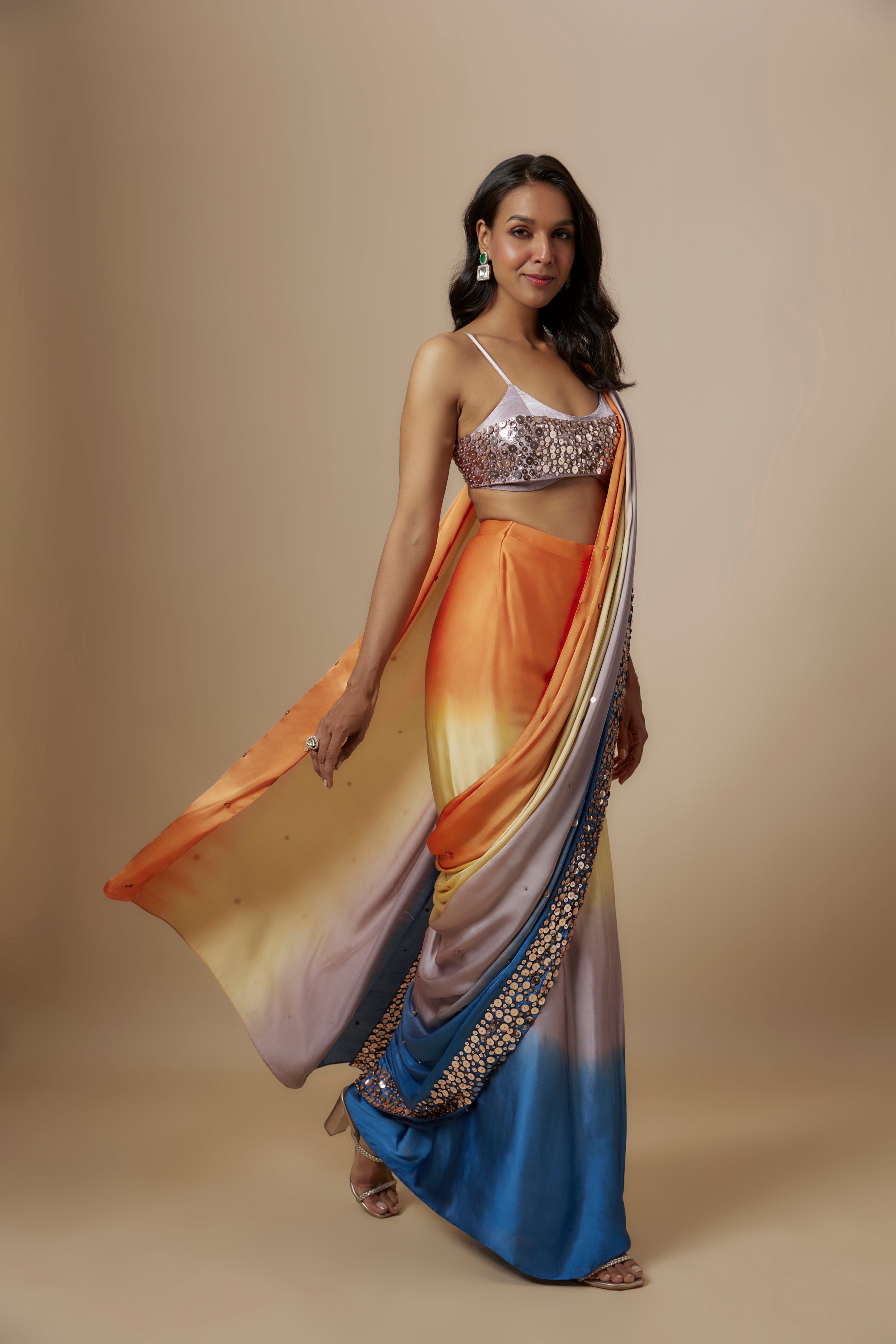 MULTI-COLOUR OMBRE SAREE WITH LILAC BLOUSE