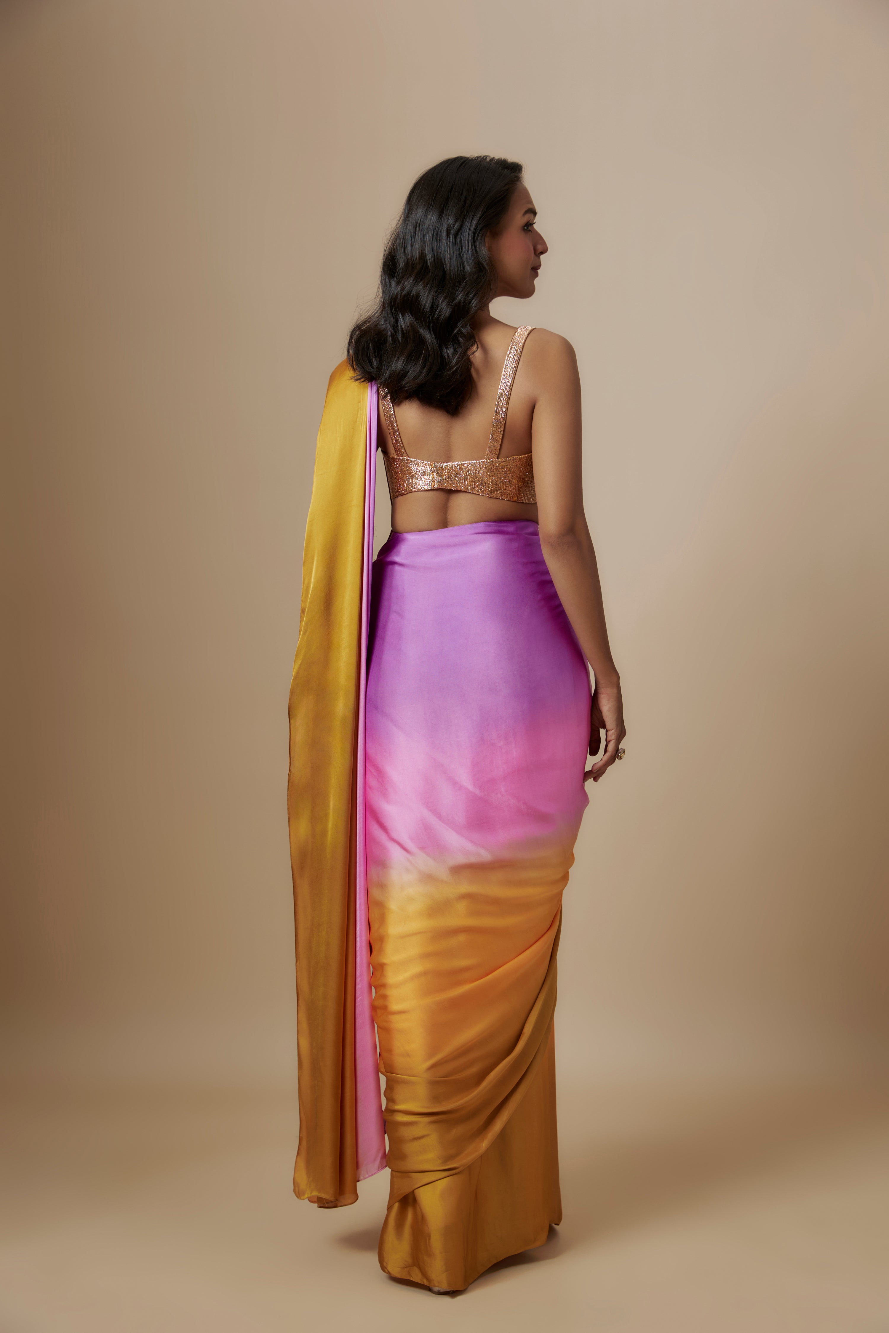 MUSTARD TO PURPLE OMBRE SAREE WITH BADLA EMBROIDERED BLOUSE