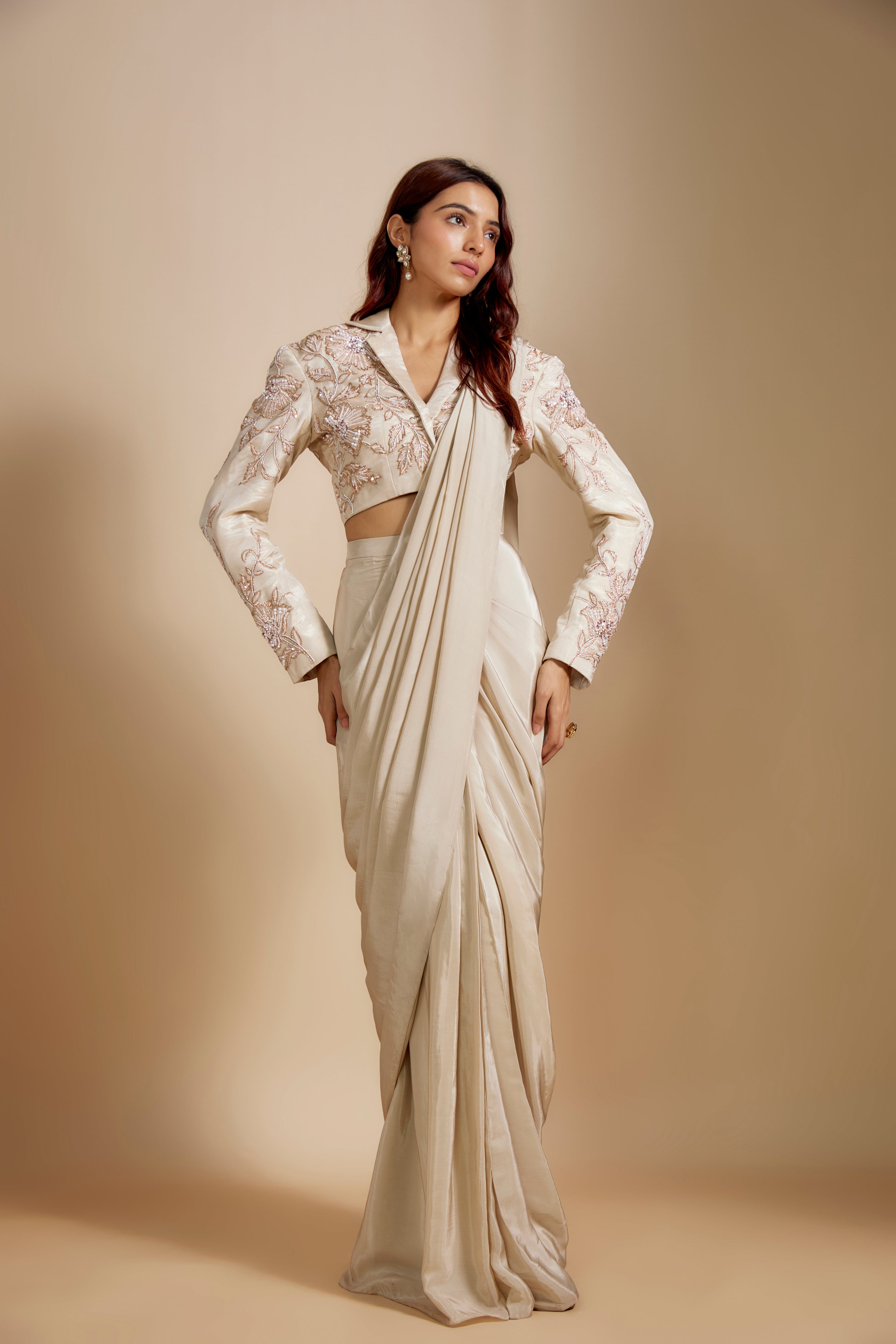 BEIGE EMBROIDERED SHORT BLAZER WITH SAREE