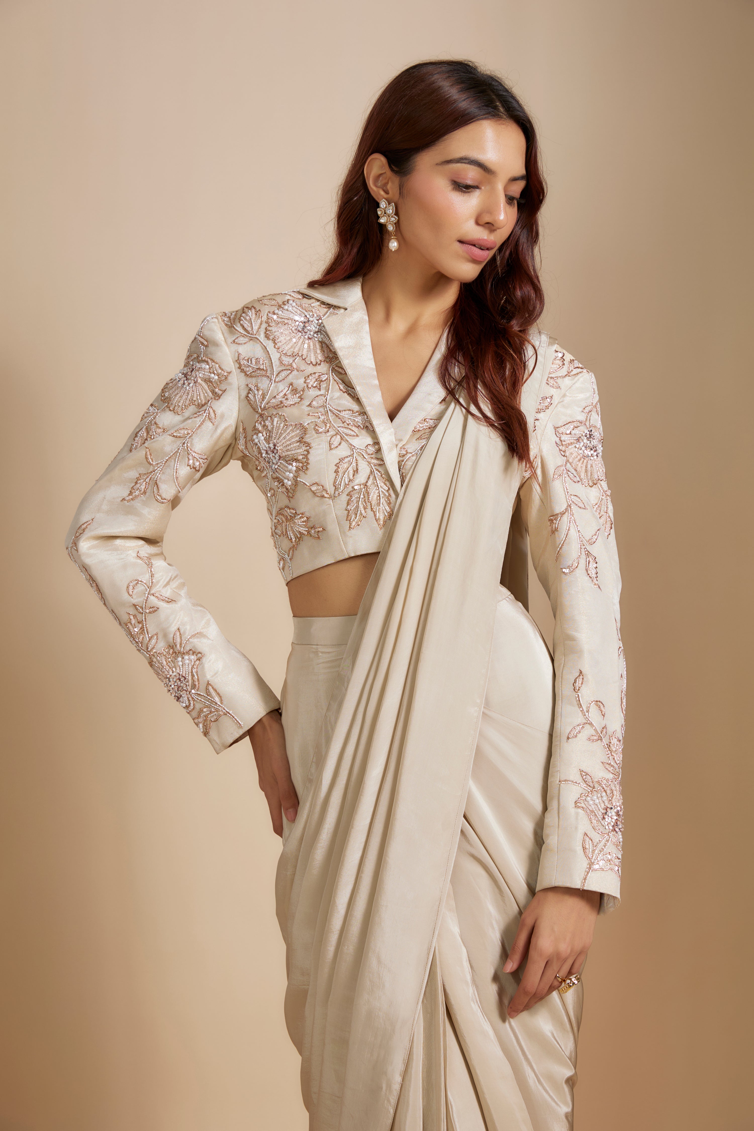 BEIGE EMBROIDERED SHORT BLAZER WITH SAREE