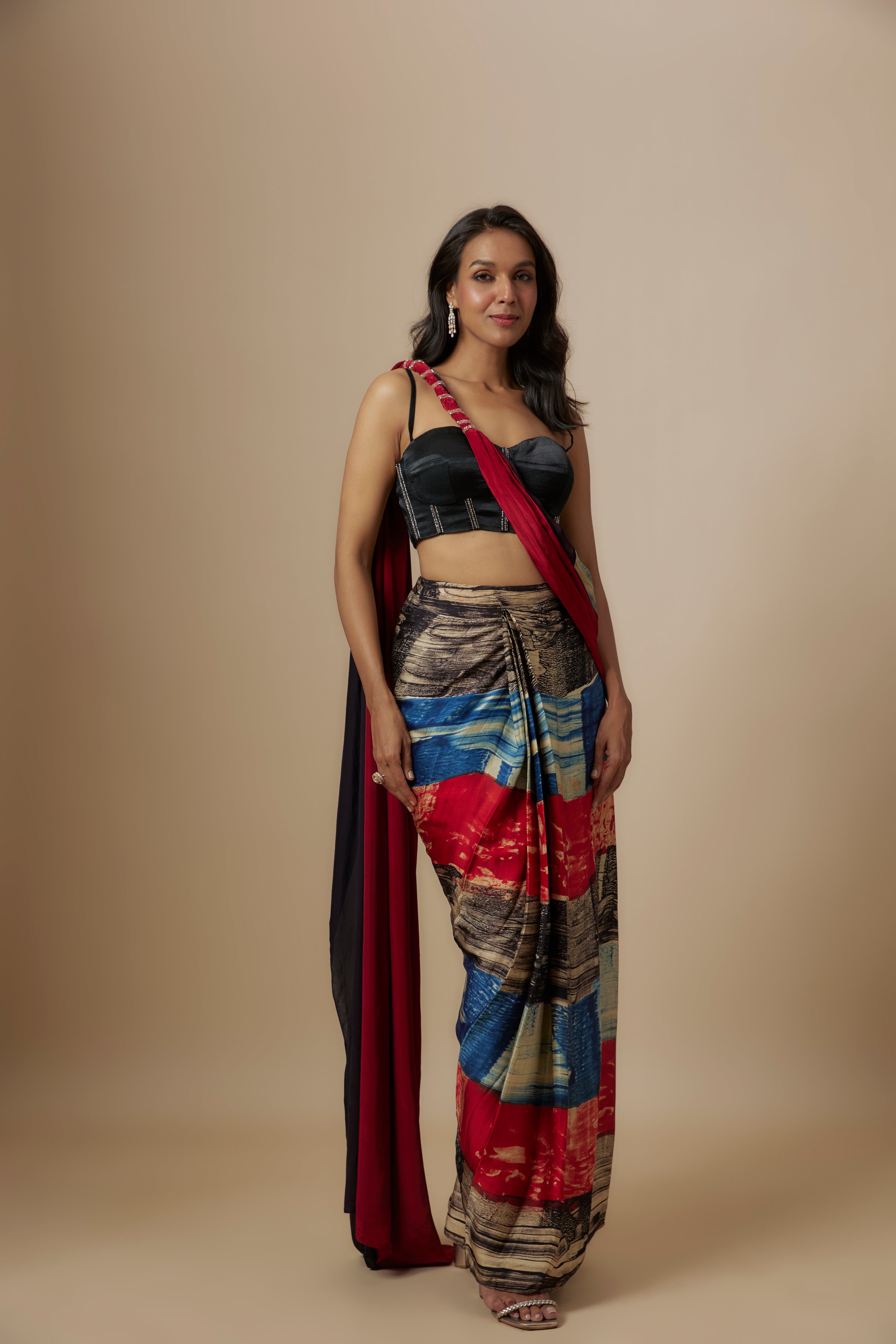 RUST AJRAKH PRINTED SAREE WITH BLACK BLOUSE