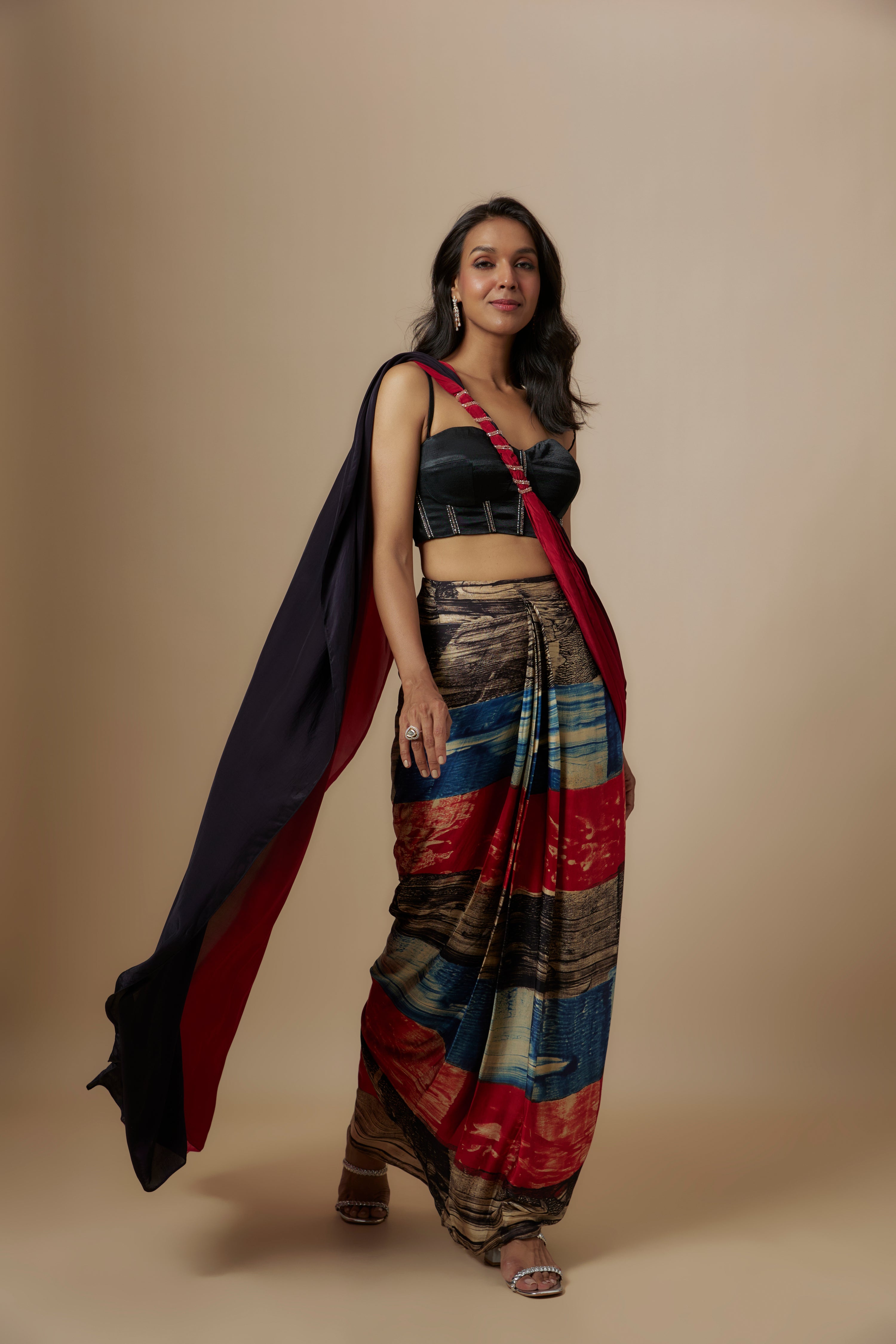 RUST AJRAKH PRINTED SAREE WITH BLACK BLOUSE