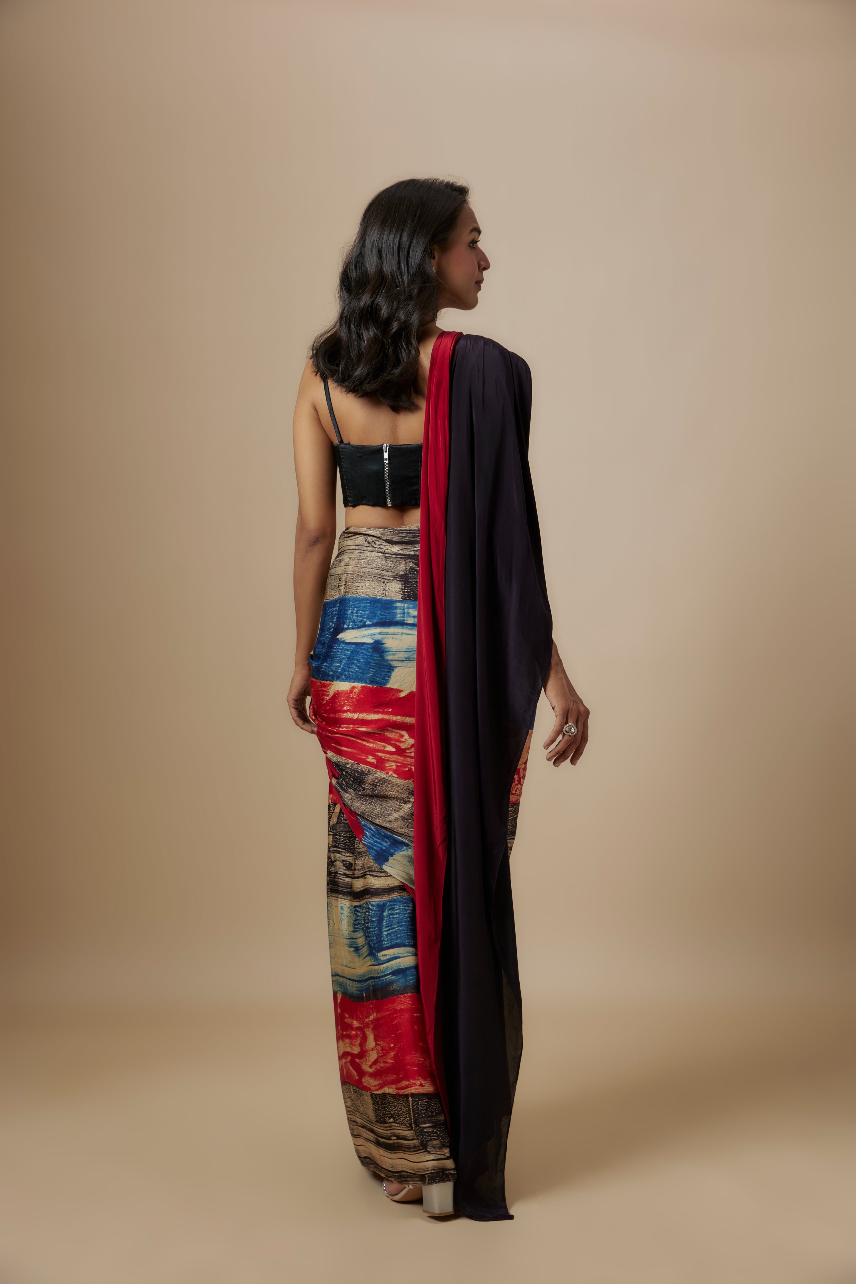 RUST AJRAKH PRINTED SAREE WITH BLACK BLOUSE