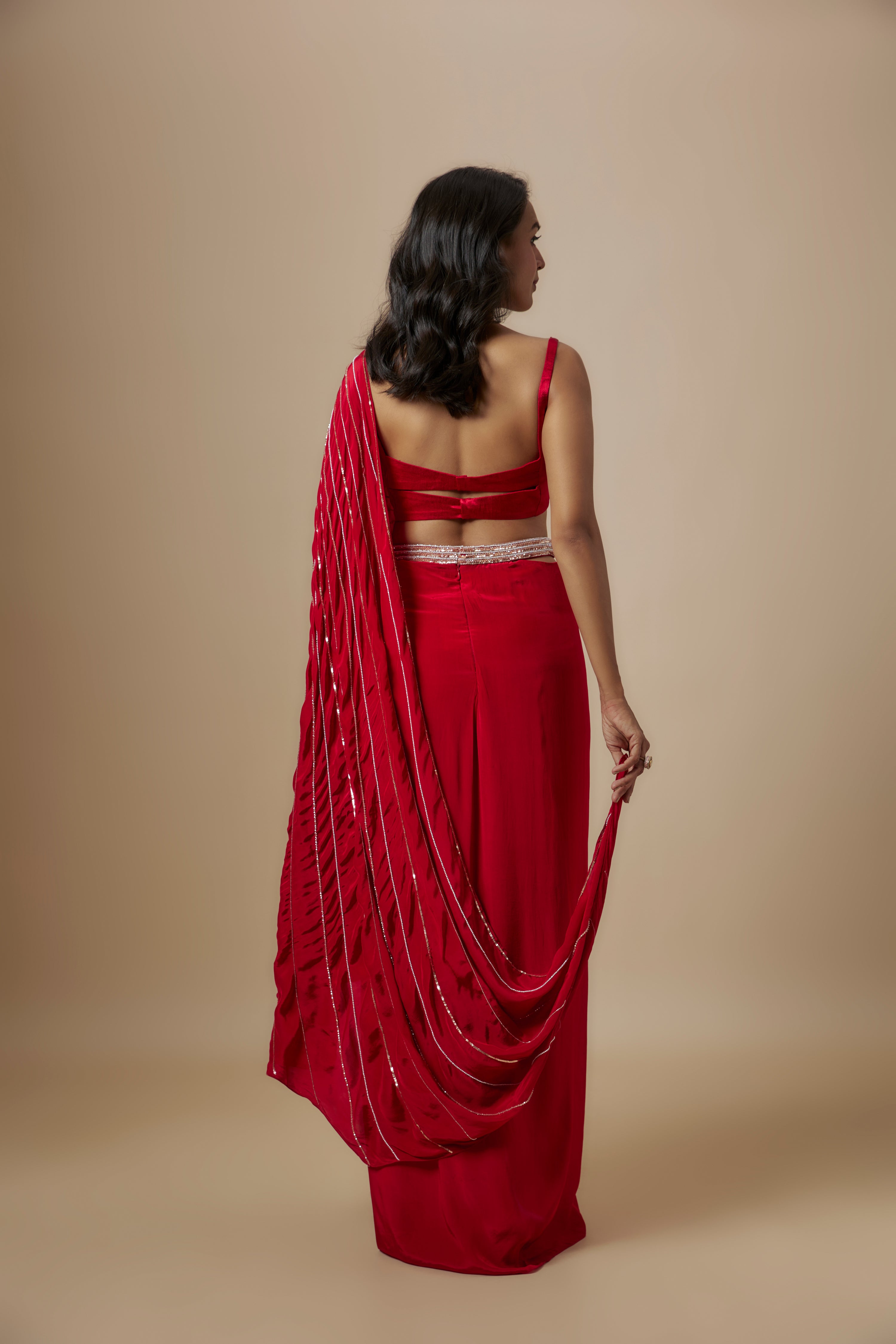 RED SKIRT WITH DRAPE BLOUSE