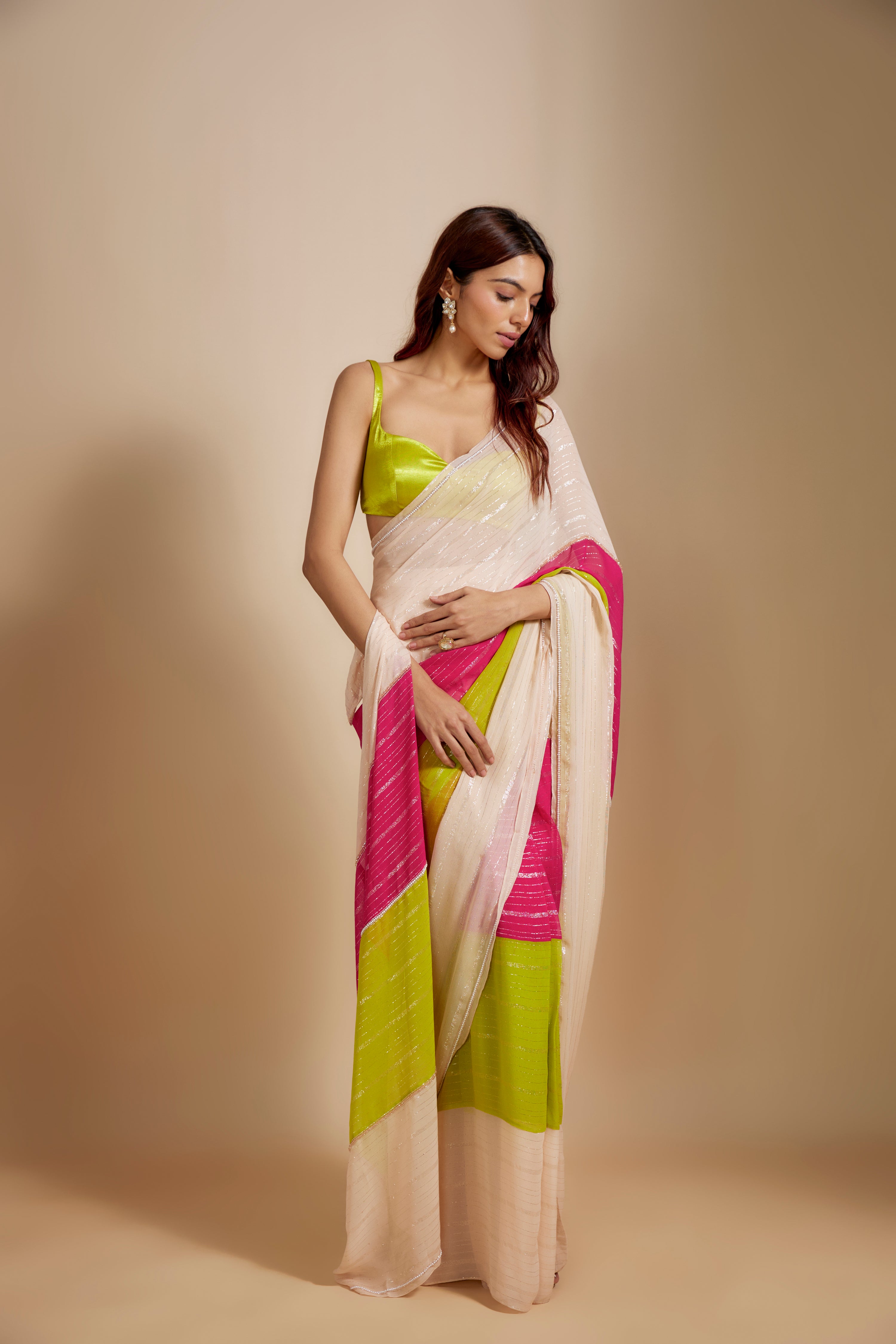 MULTI-COLOUR BLOCK SAREE WITH NEON GREEN BLOUSE