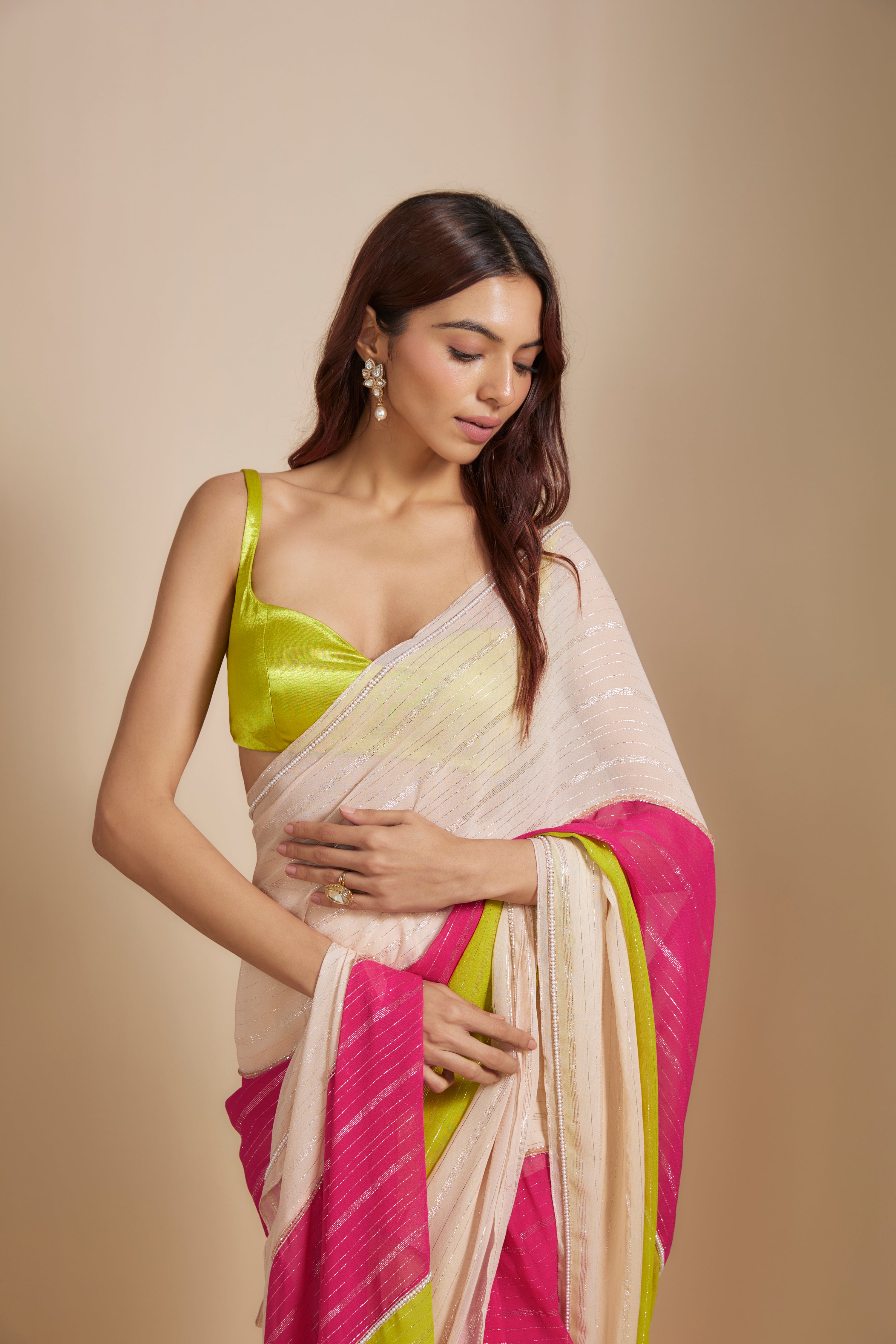 MULTI-COLOUR BLOCK SAREE WITH NEON GREEN BLOUSE