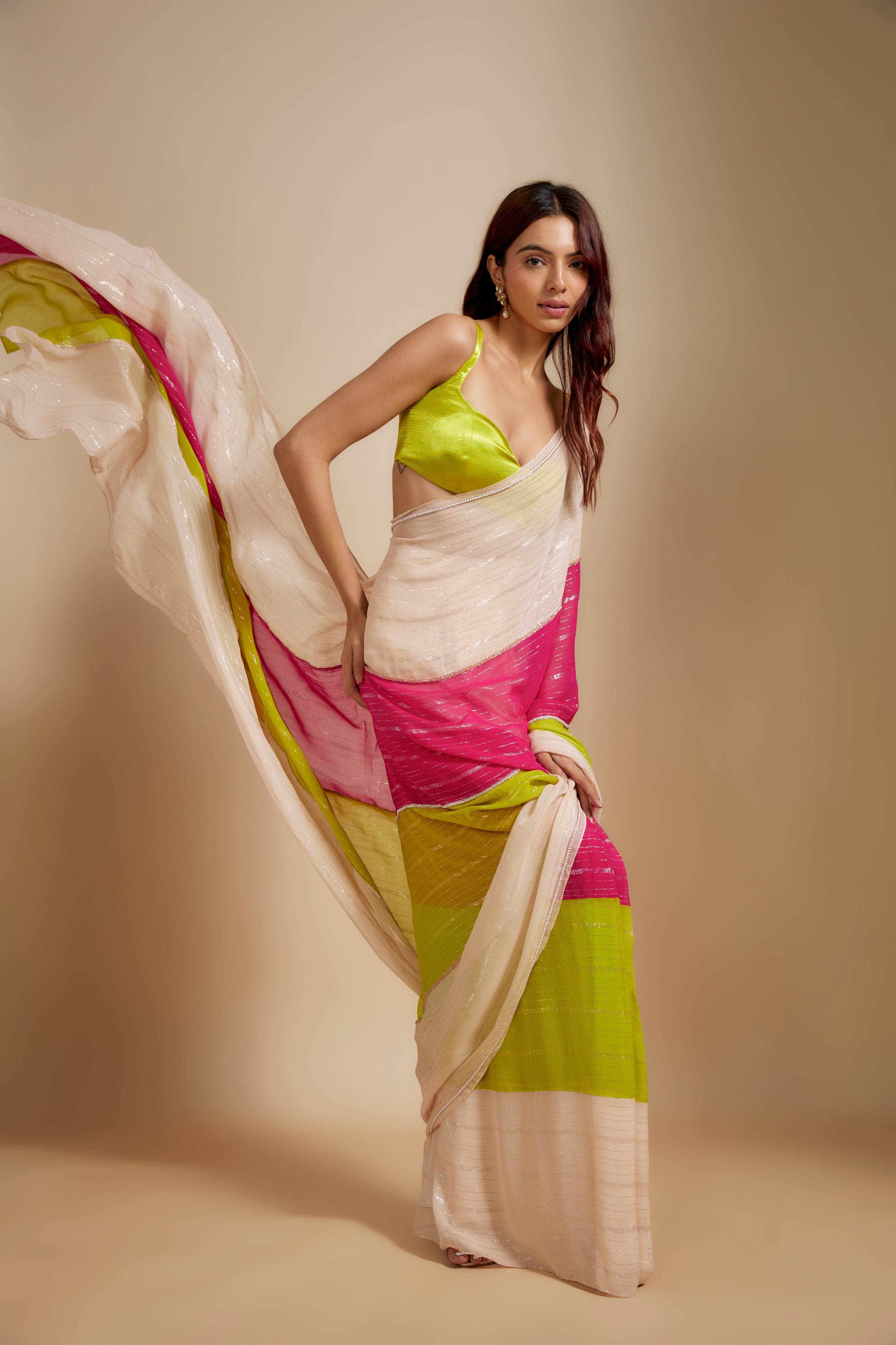 MULTI-COLOUR BLOCK SAREE WITH NEON GREEN BLOUSE