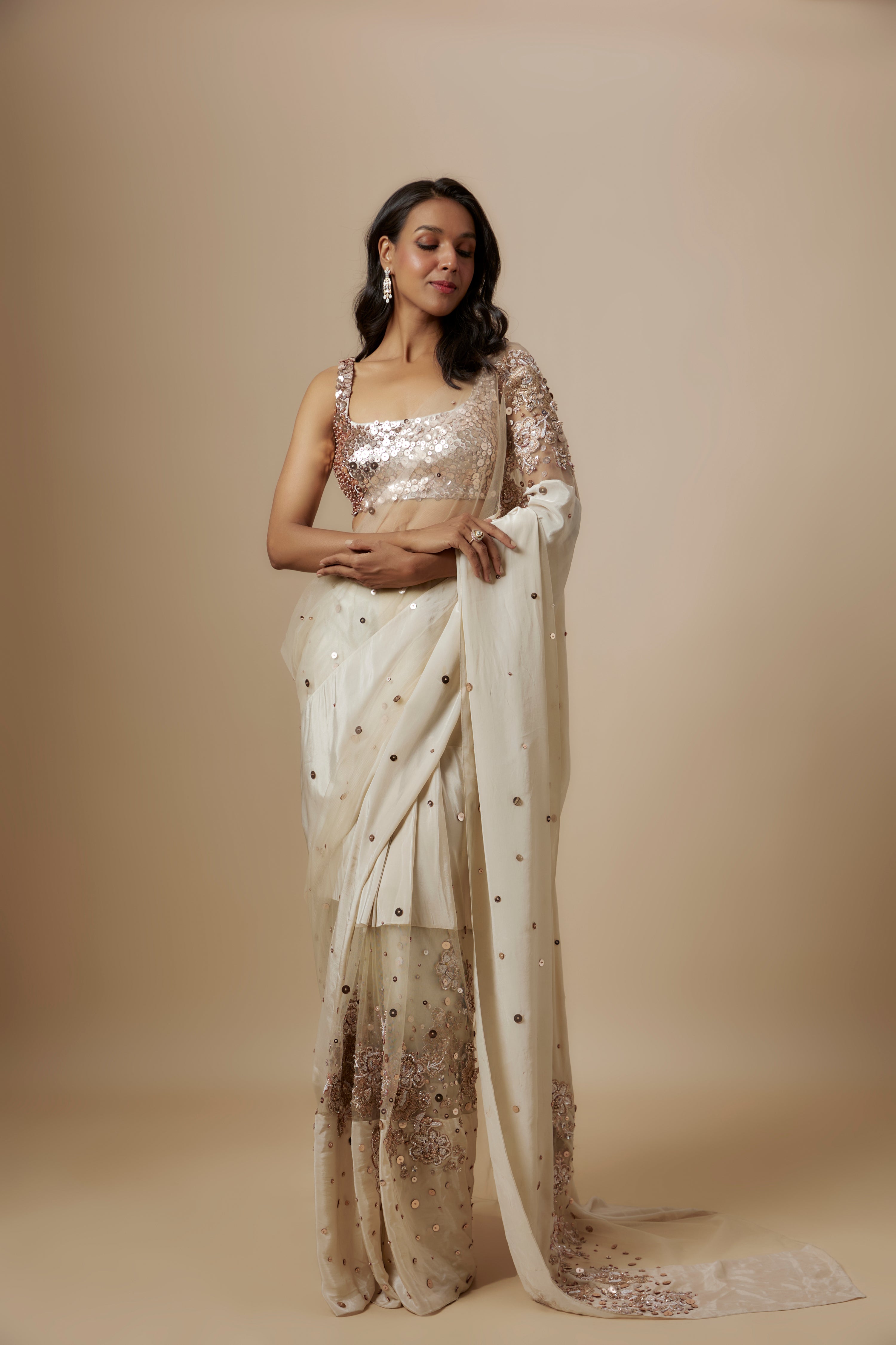 BEIGE BLOCK EMBROIDERED SAREE WITH EMBROIDERED BLOUSE