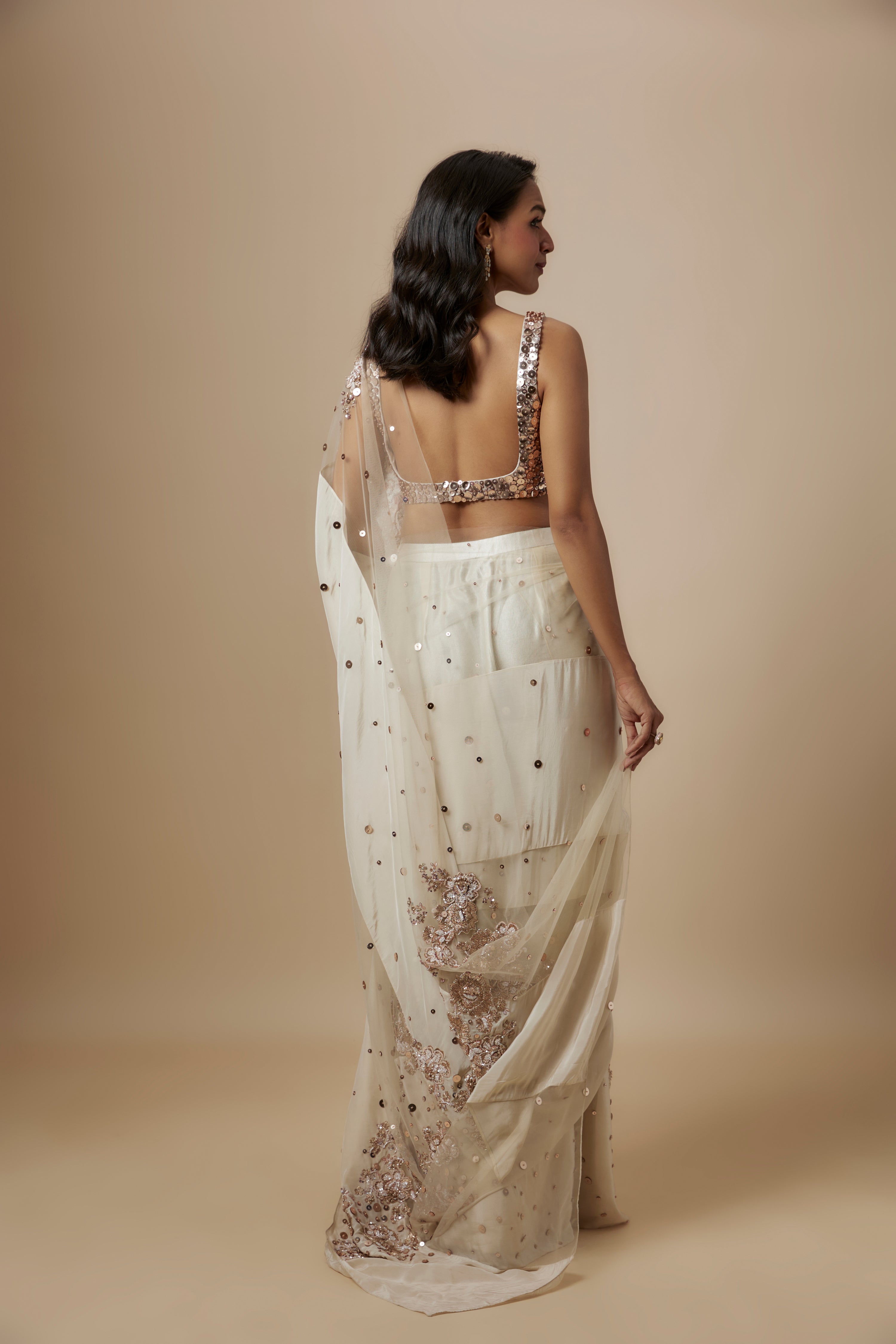 BEIGE BLOCK EMBROIDERED SAREE WITH EMBROIDERED BLOUSE