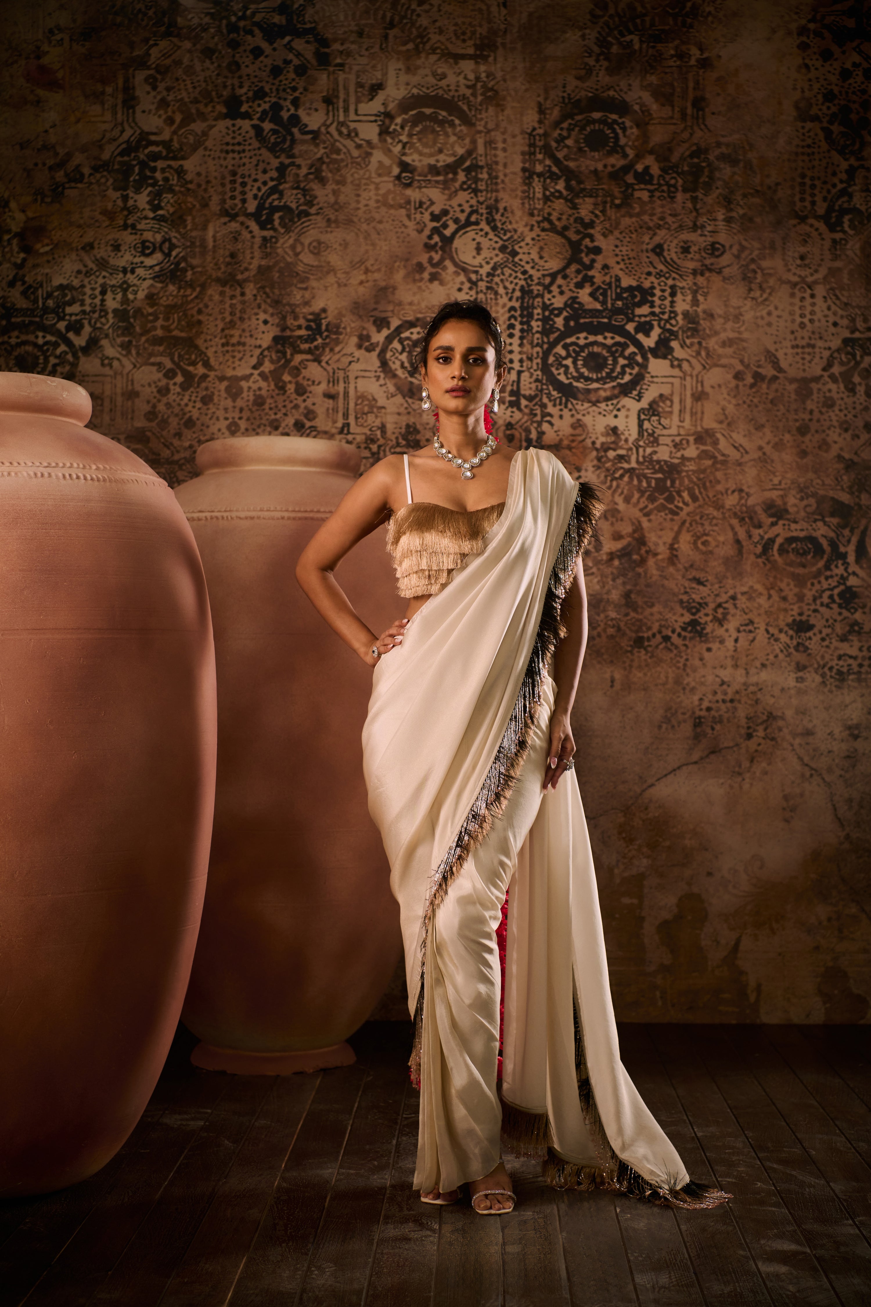 OPULENT ROSE GOLD TISSUE SAREE WITH BLOUSE