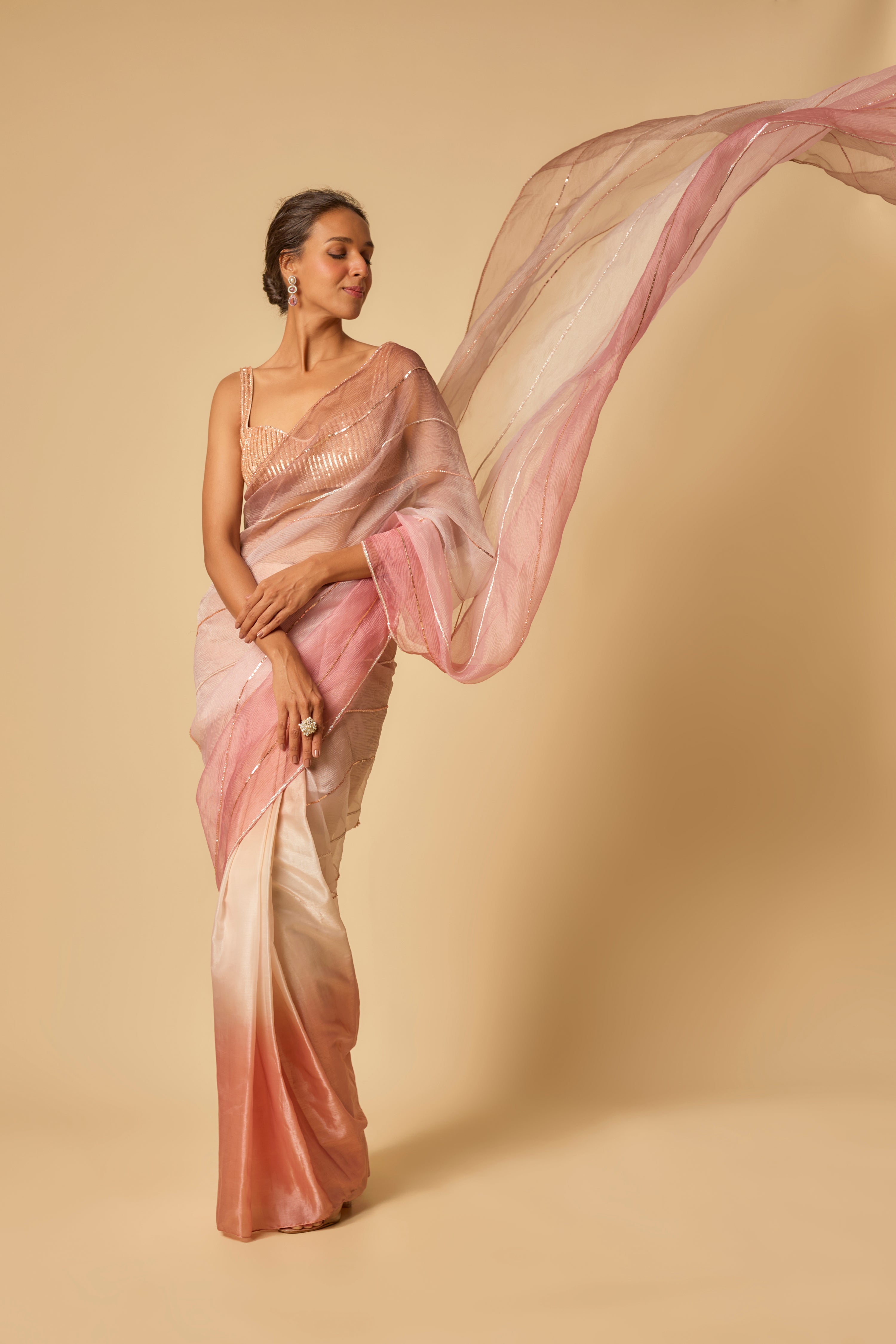 PINK OMBRE TISSUE EMBROIDERED OMBRE PRE-STITCHED SAREE