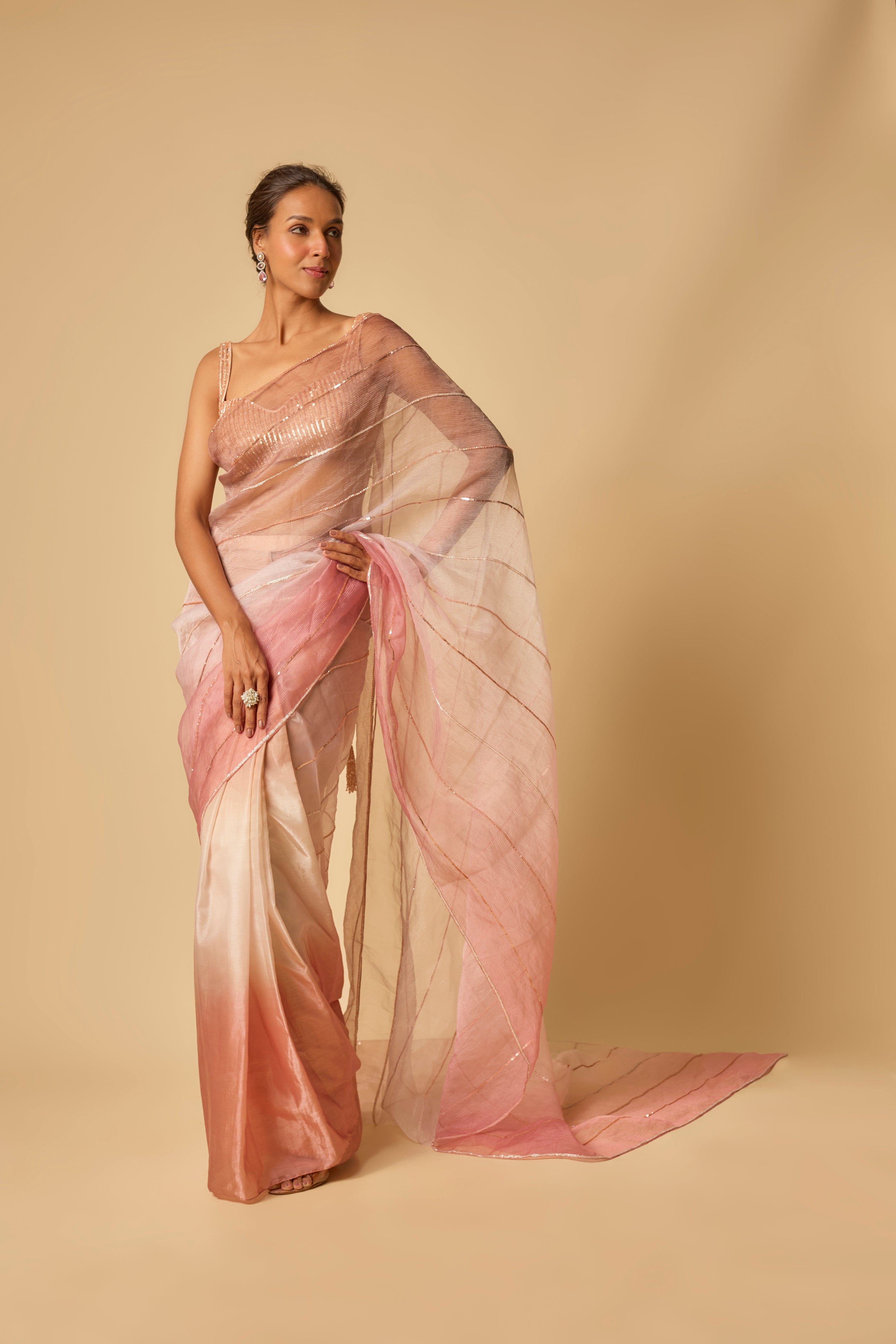 PINK OMBRE TISSUE EMBROIDERED OMBRE PRE-STITCHED SAREE
