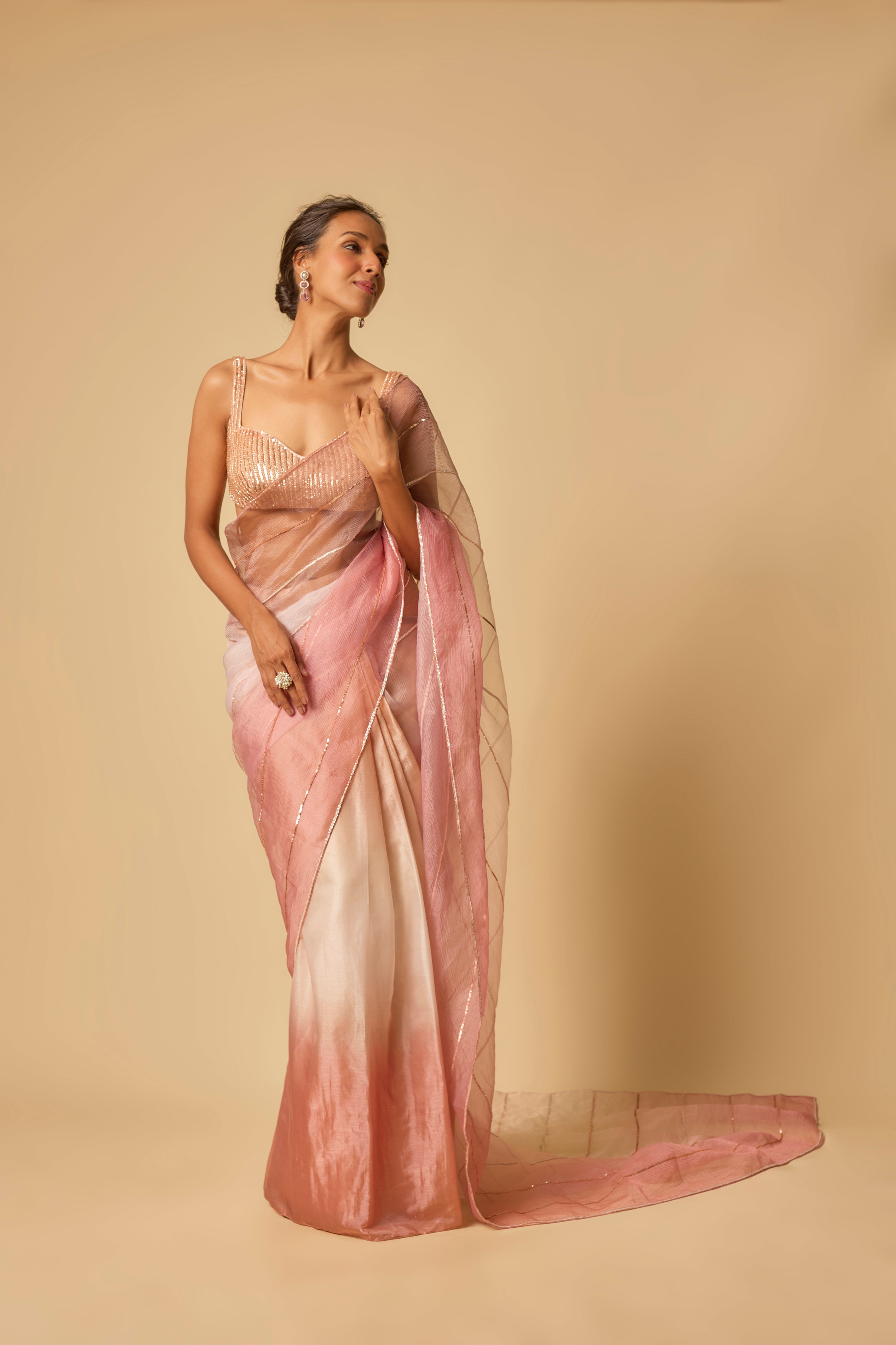 PINK OMBRE TISSUE EMBROIDERED OMBRE PRE-STITCHED SAREE