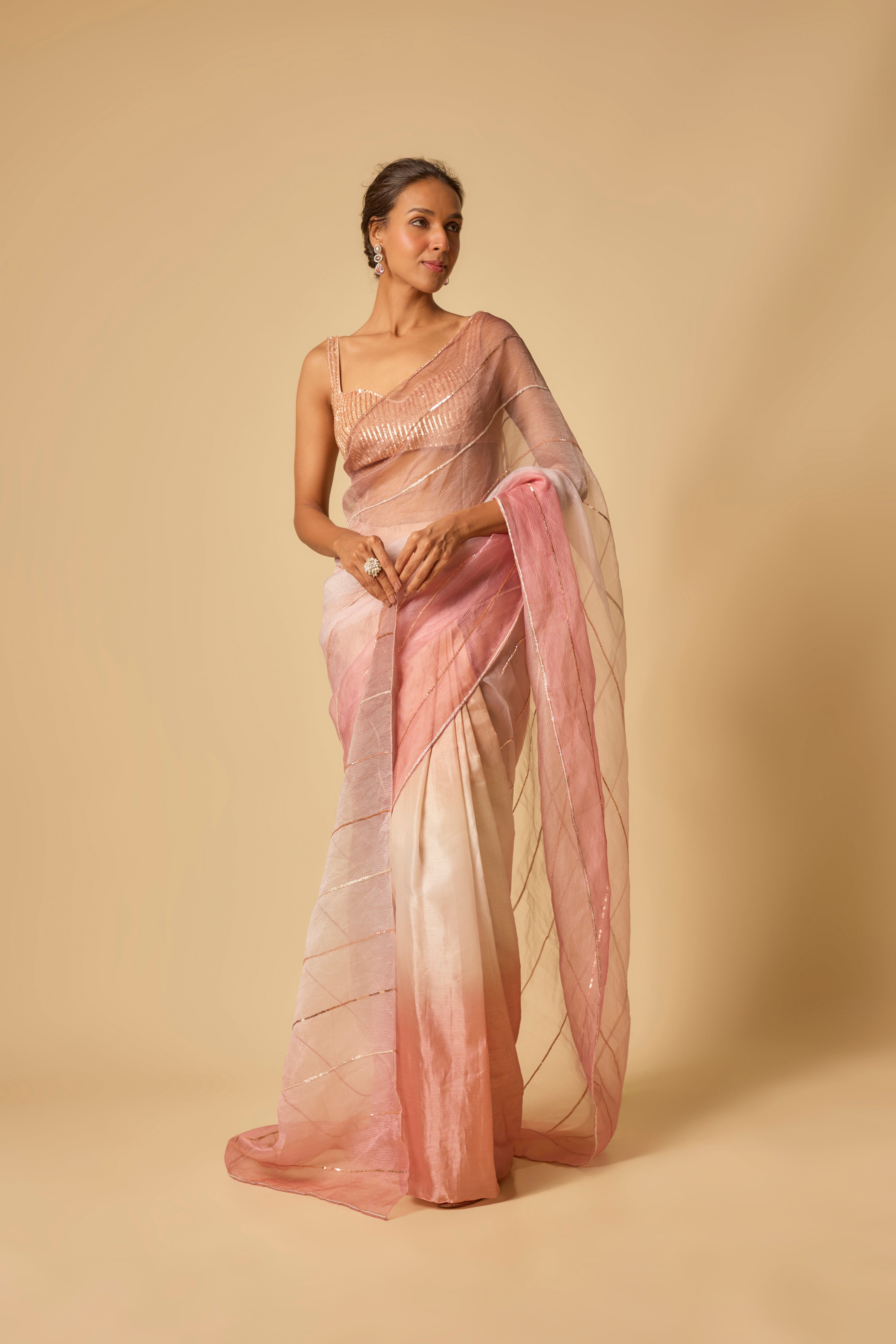 PINK OMBRE TISSUE EMBROIDERED OMBRE PRE-STITCHED SAREE