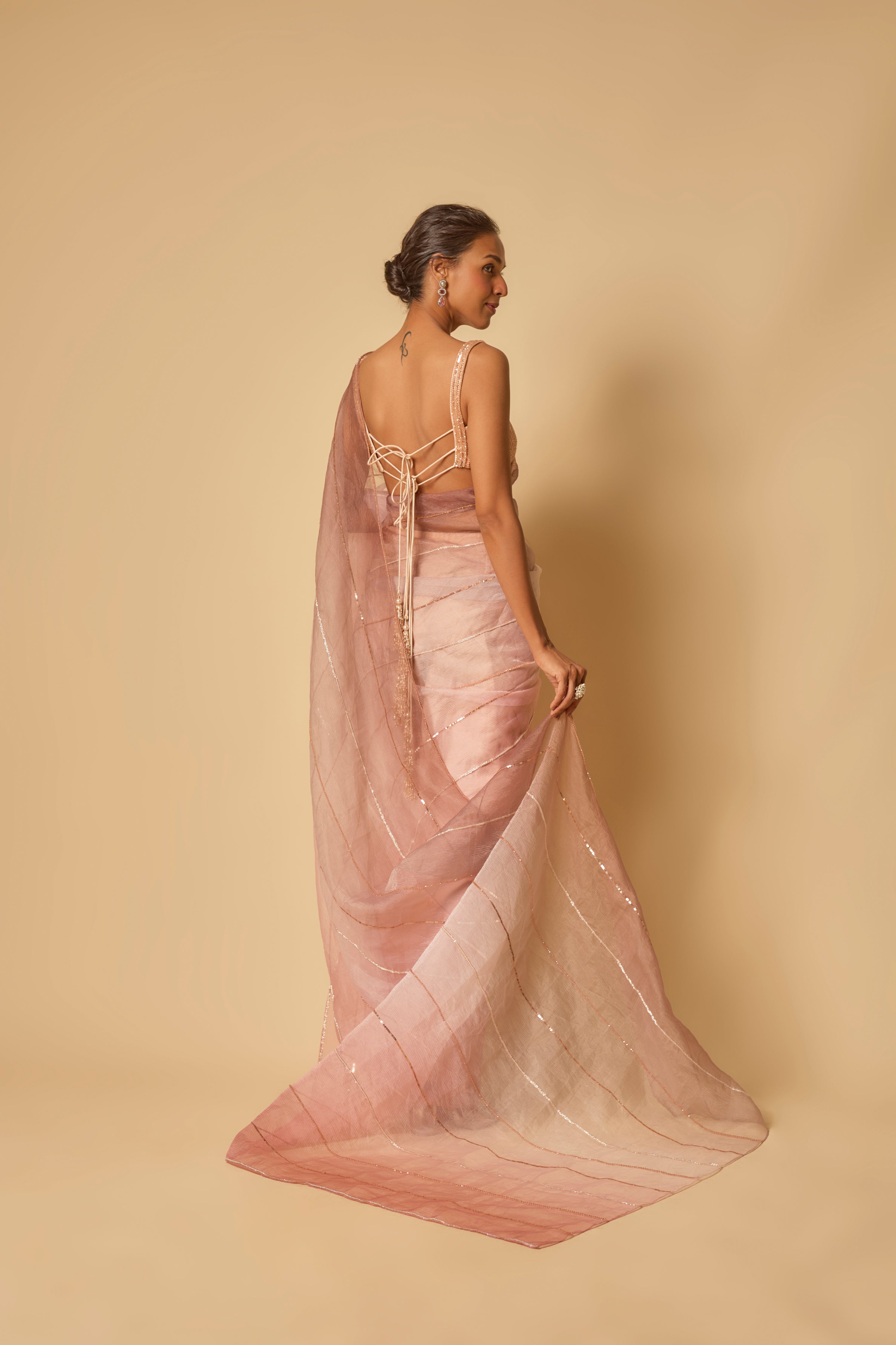 PINK OMBRE TISSUE EMBROIDERED OMBRE PRE-STITCHED SAREE