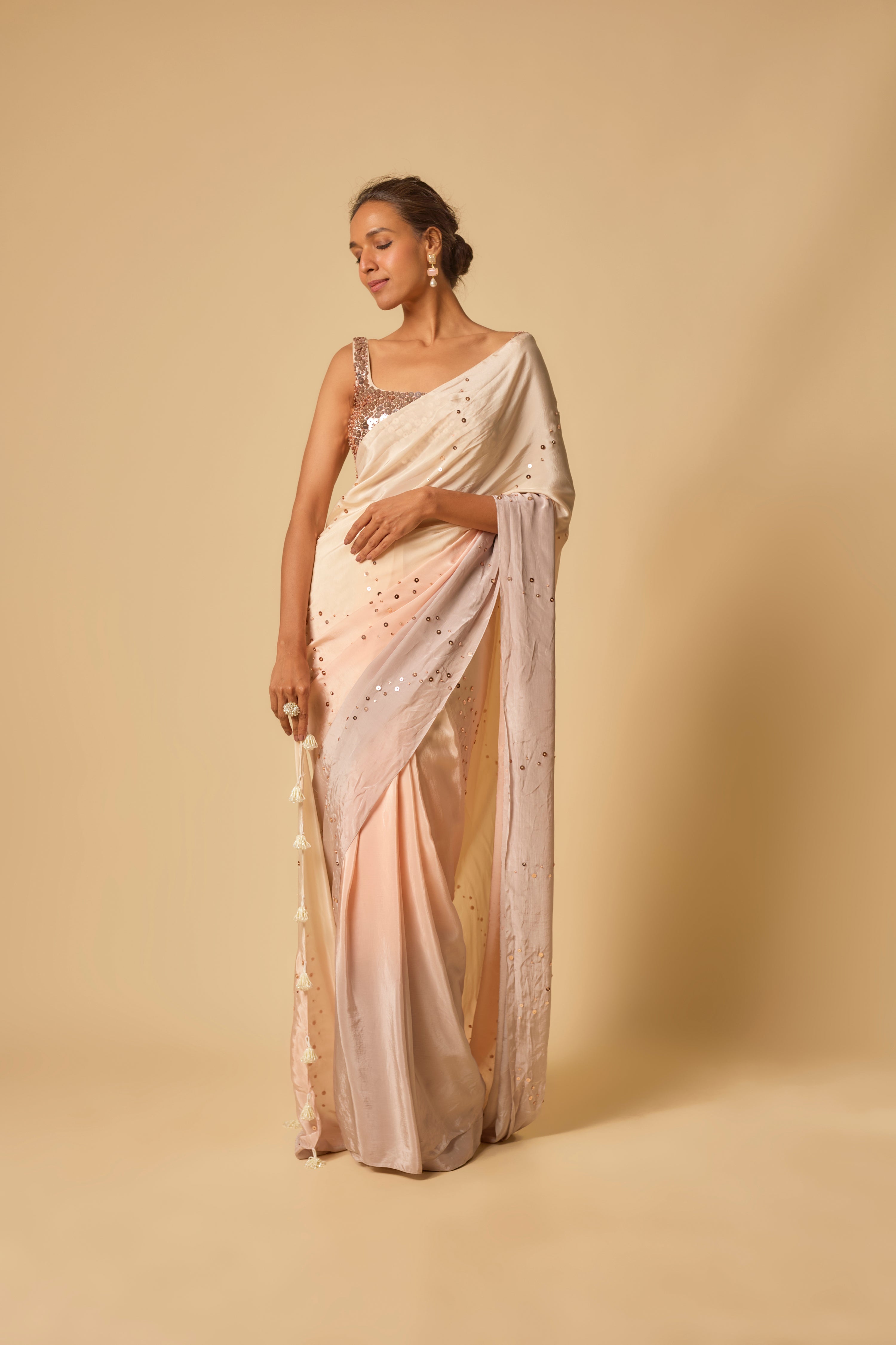 BEIGE TO LILAC OMBRE SEQUIN EMBROIDERED PRE-STITCHED SAREE