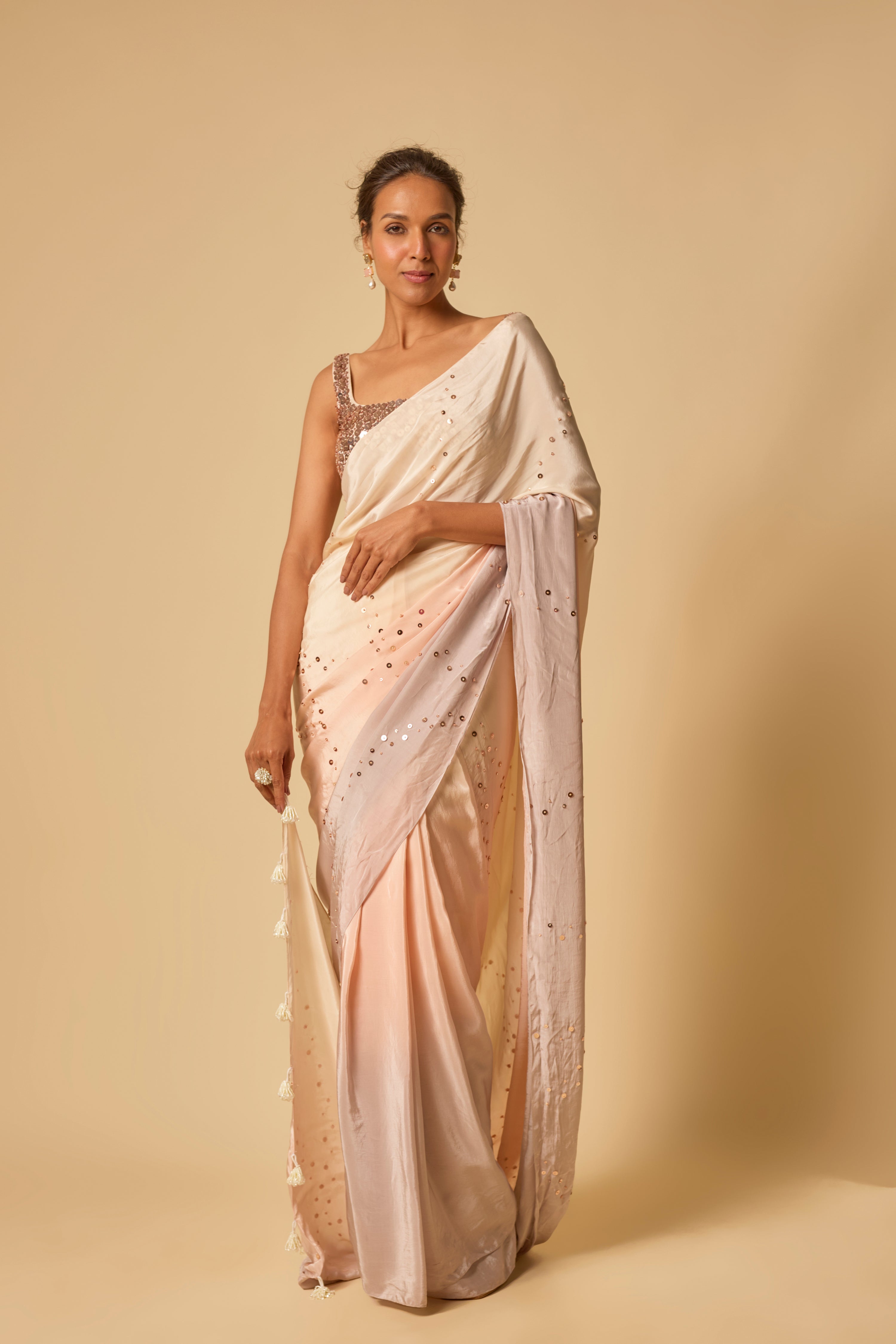 BEIGE TO LILAC OMBRE SEQUIN EMBROIDERED PRE-STITCHED SAREE