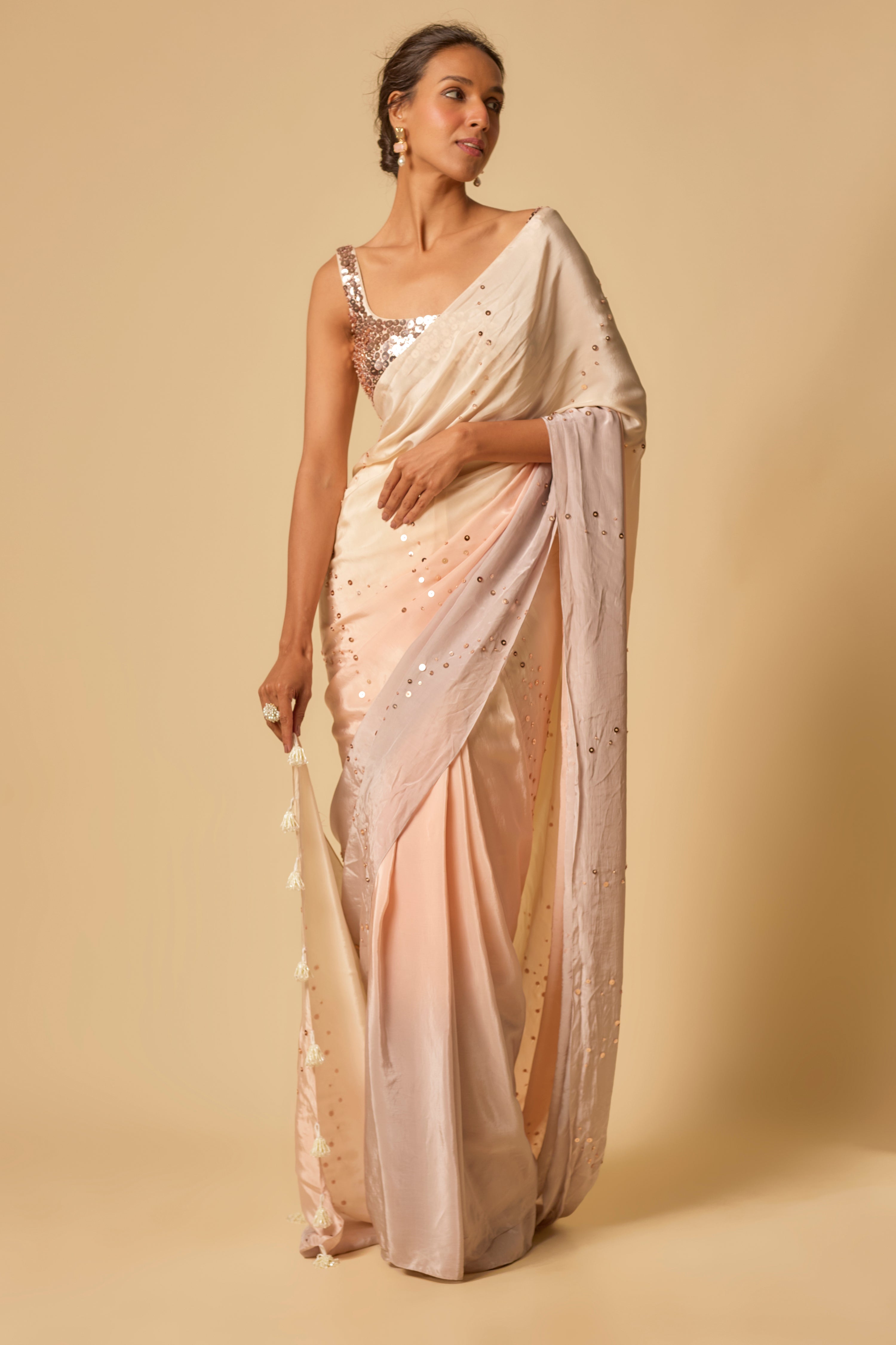 BEIGE TO LILAC OMBRE SEQUIN EMBROIDERED PRE-STITCHED SAREE