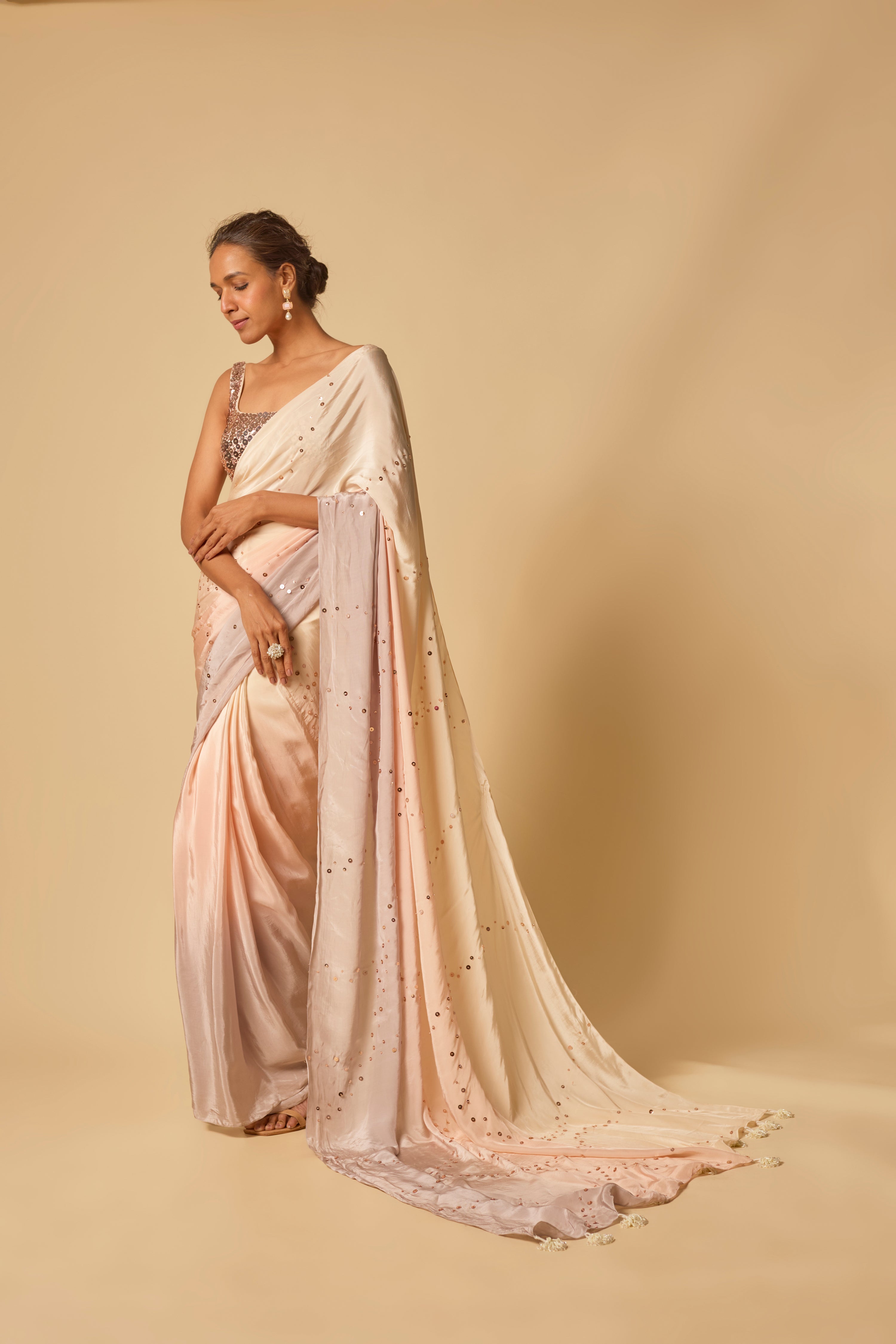 BEIGE TO LILAC OMBRE SEQUIN EMBROIDERED PRE-STITCHED SAREE