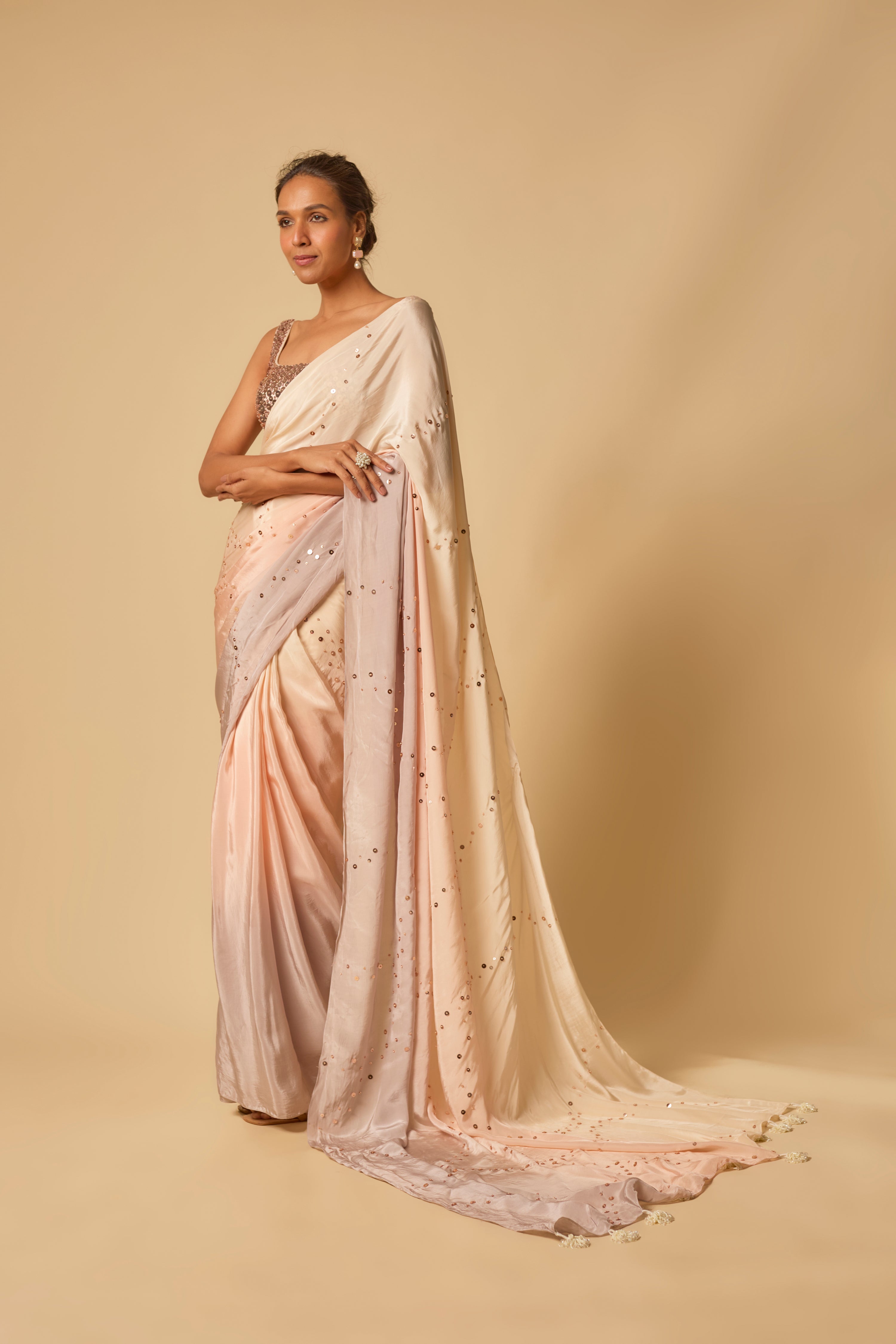BEIGE TO LILAC OMBRE SEQUIN EMBROIDERED PRE-STITCHED SAREE