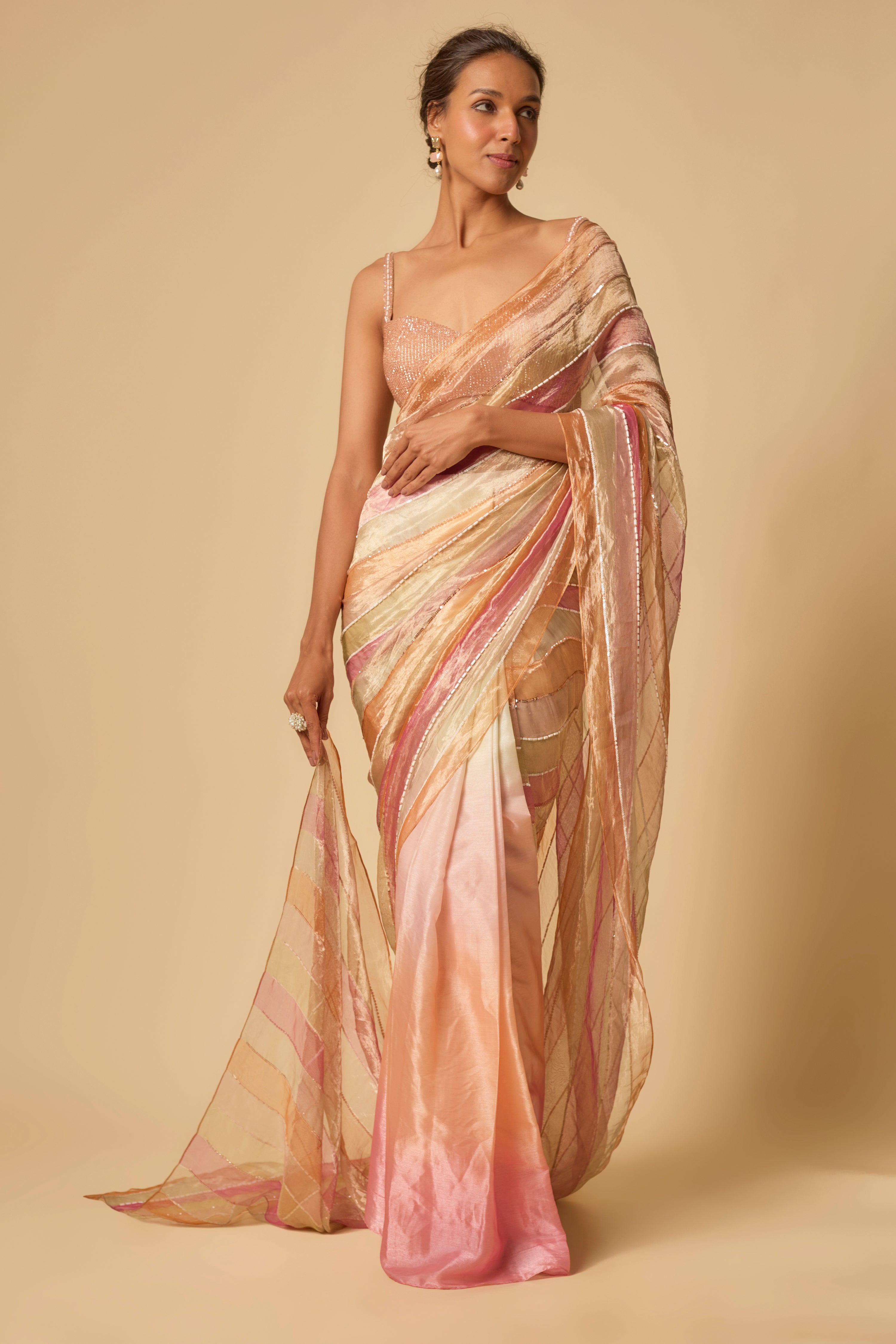 MULTI COLOUR EMBROIDERED TISSUE AND OMBRE PRE-STITCHED SAREE