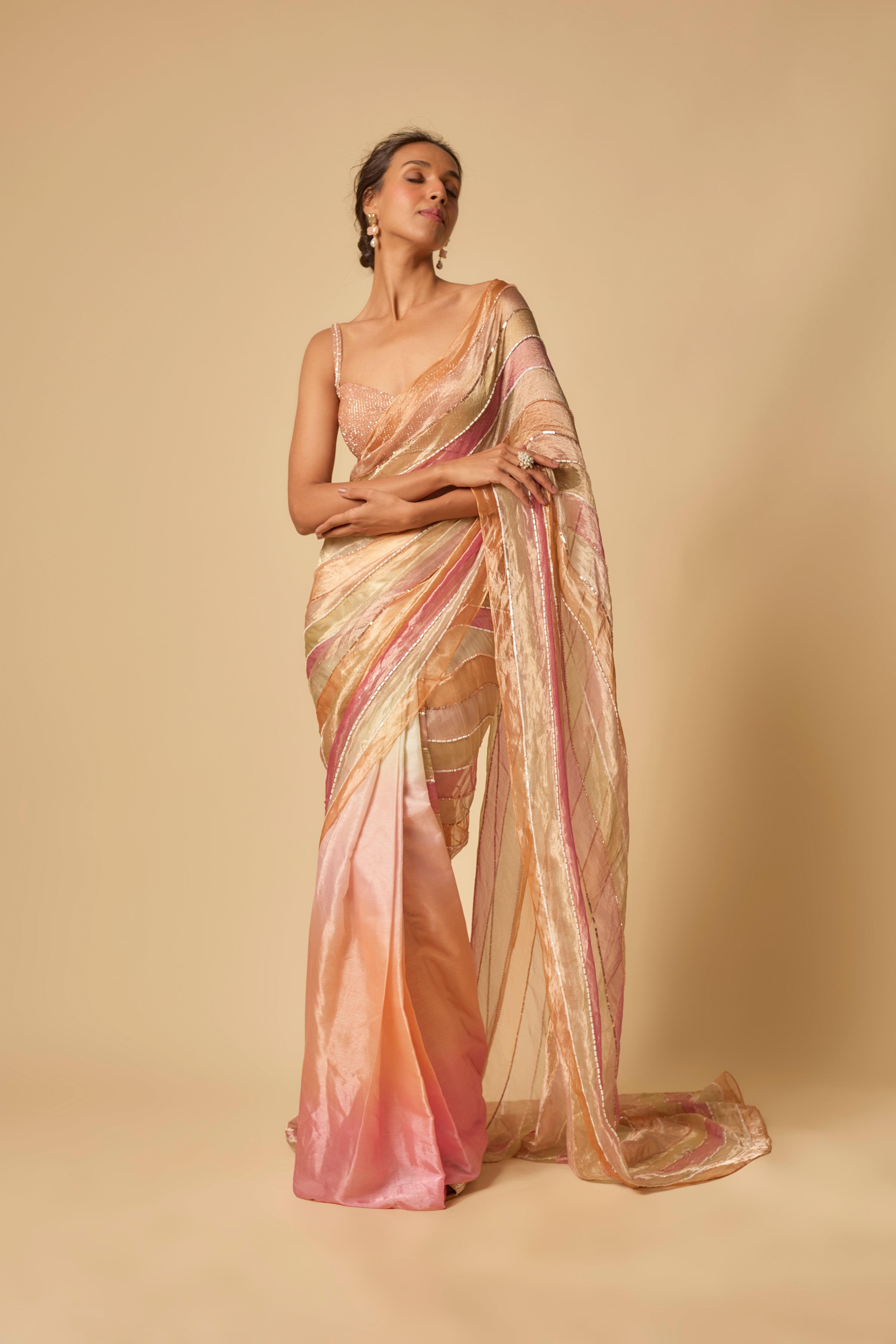 MULTI COLOUR EMBROIDERED TISSUE AND OMBRE PRE-STITCHED SAREE