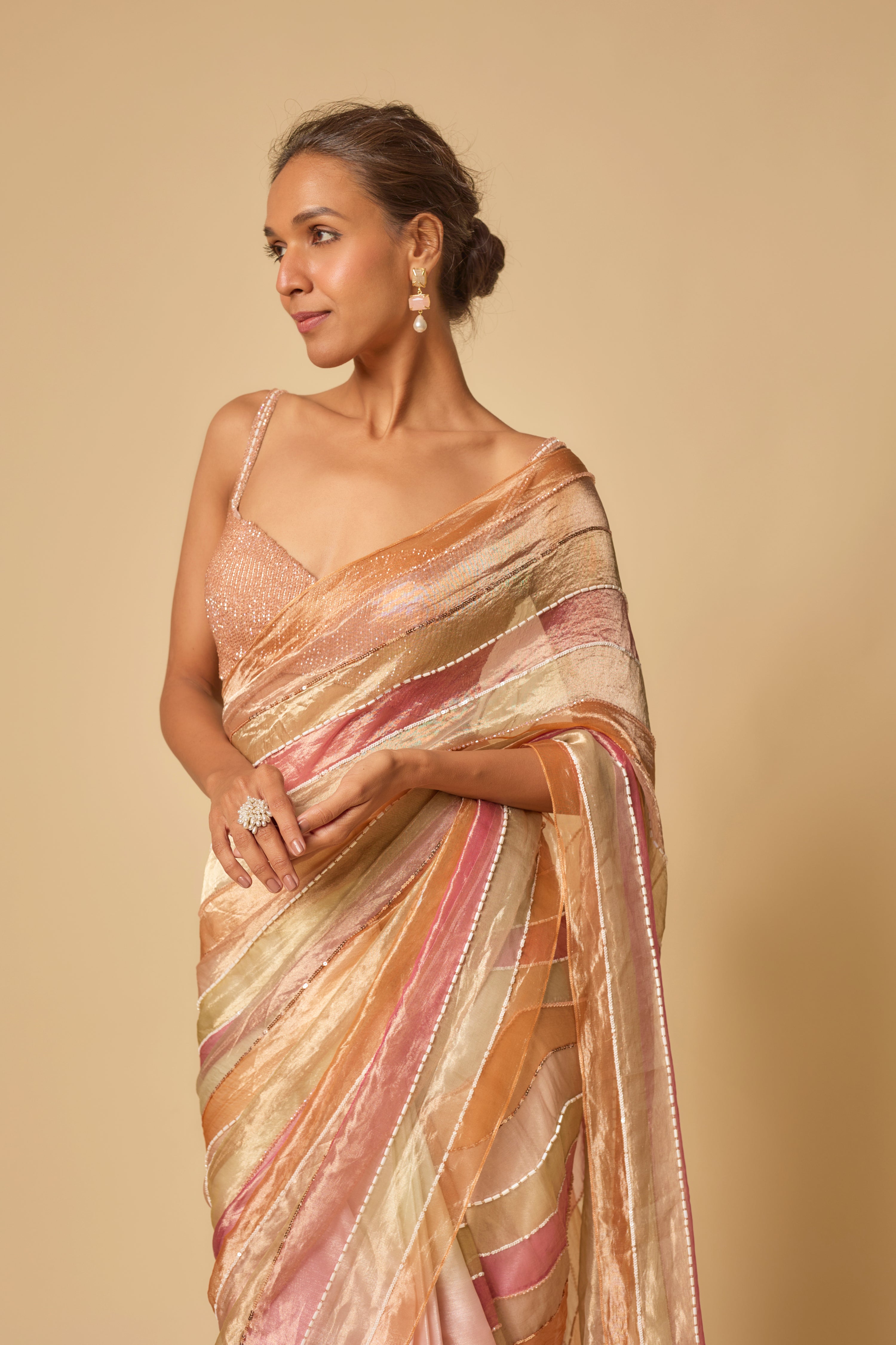 MULTI COLOUR EMBROIDERED TISSUE AND OMBRE PRE-STITCHED SAREE