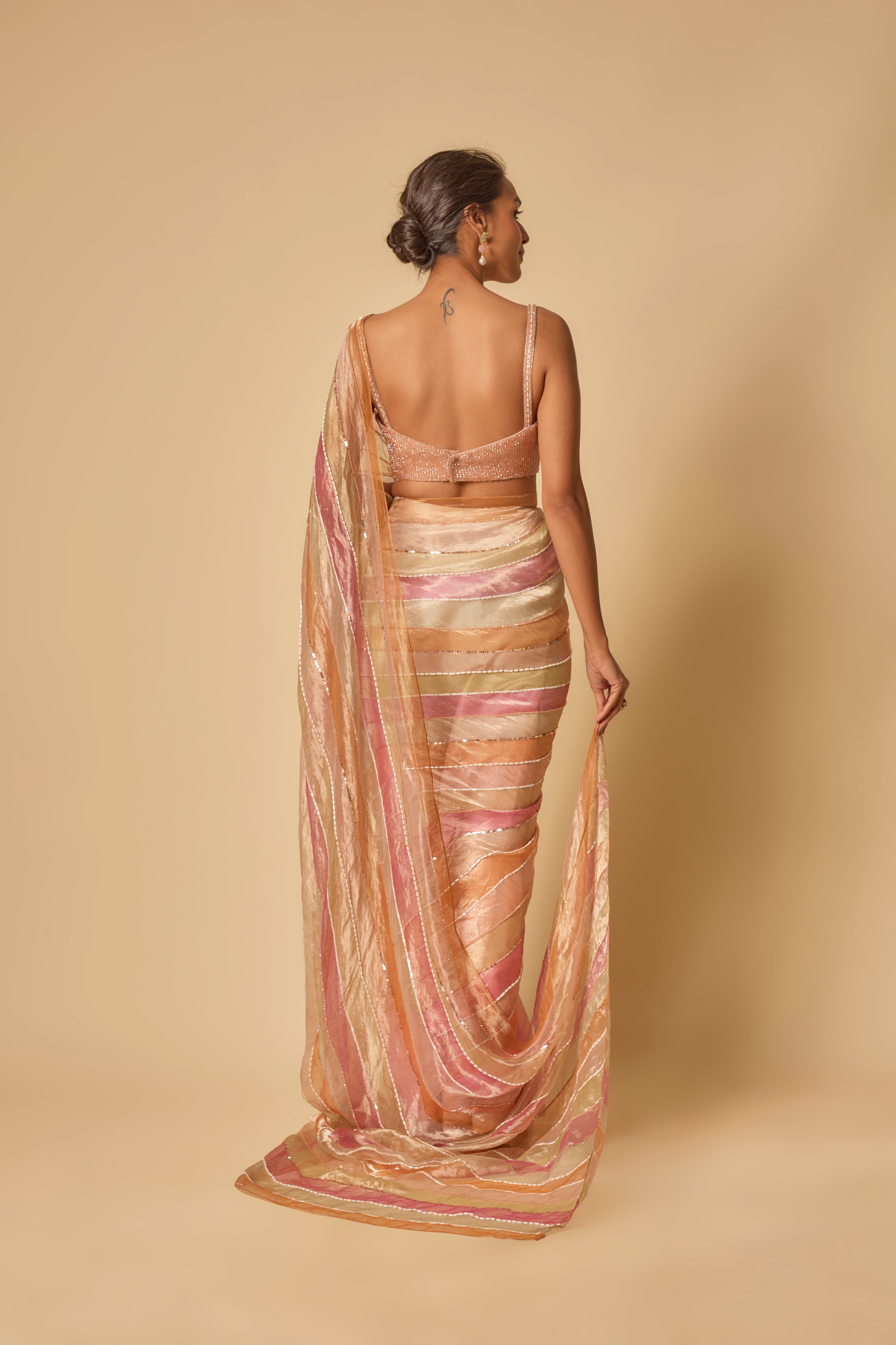 MULTI COLOUR EMBROIDERED TISSUE AND OMBRE PRE-STITCHED SAREE