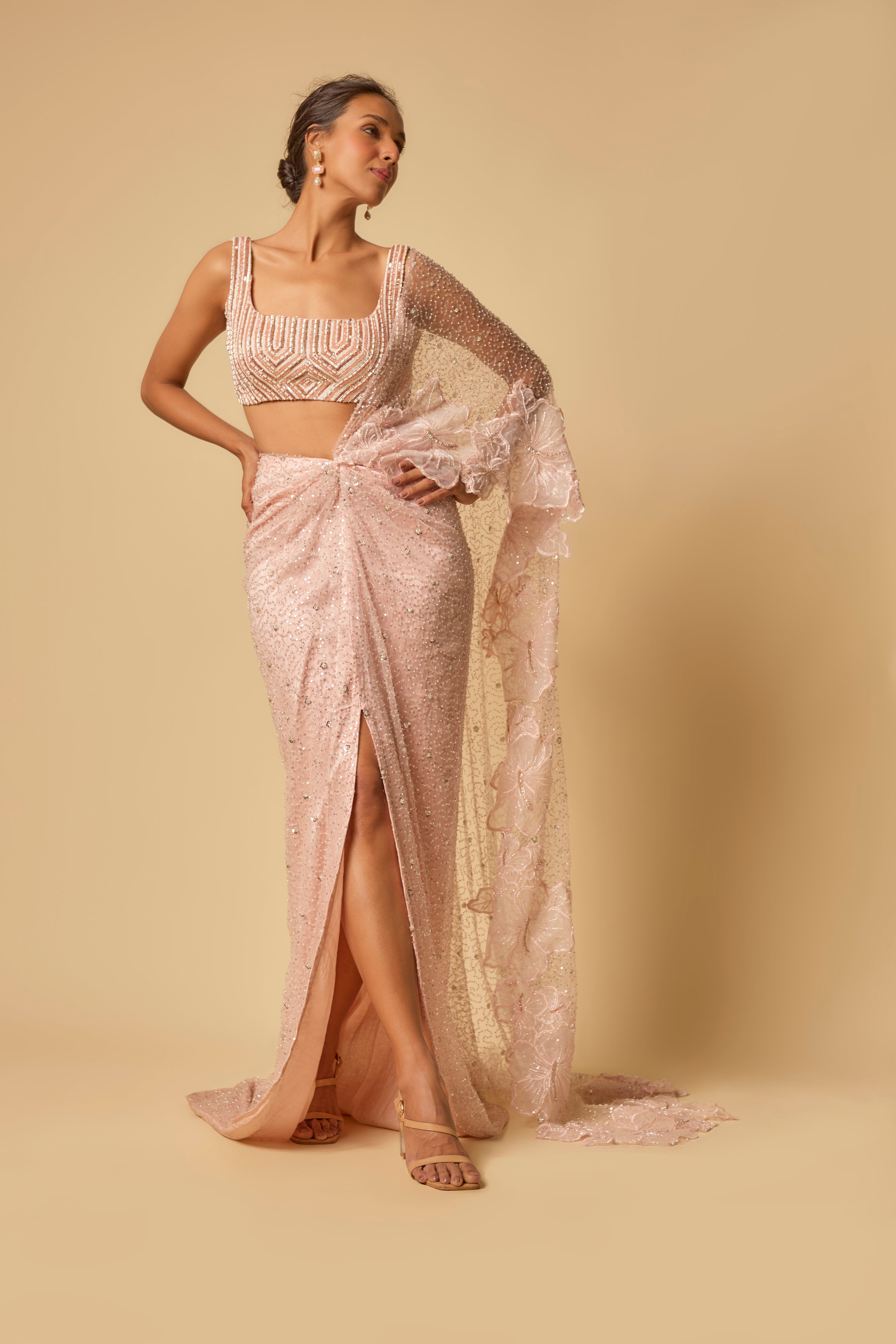 PINK HEAVY EMBROIDERED PRE-STITCHED DRAPE SAREE