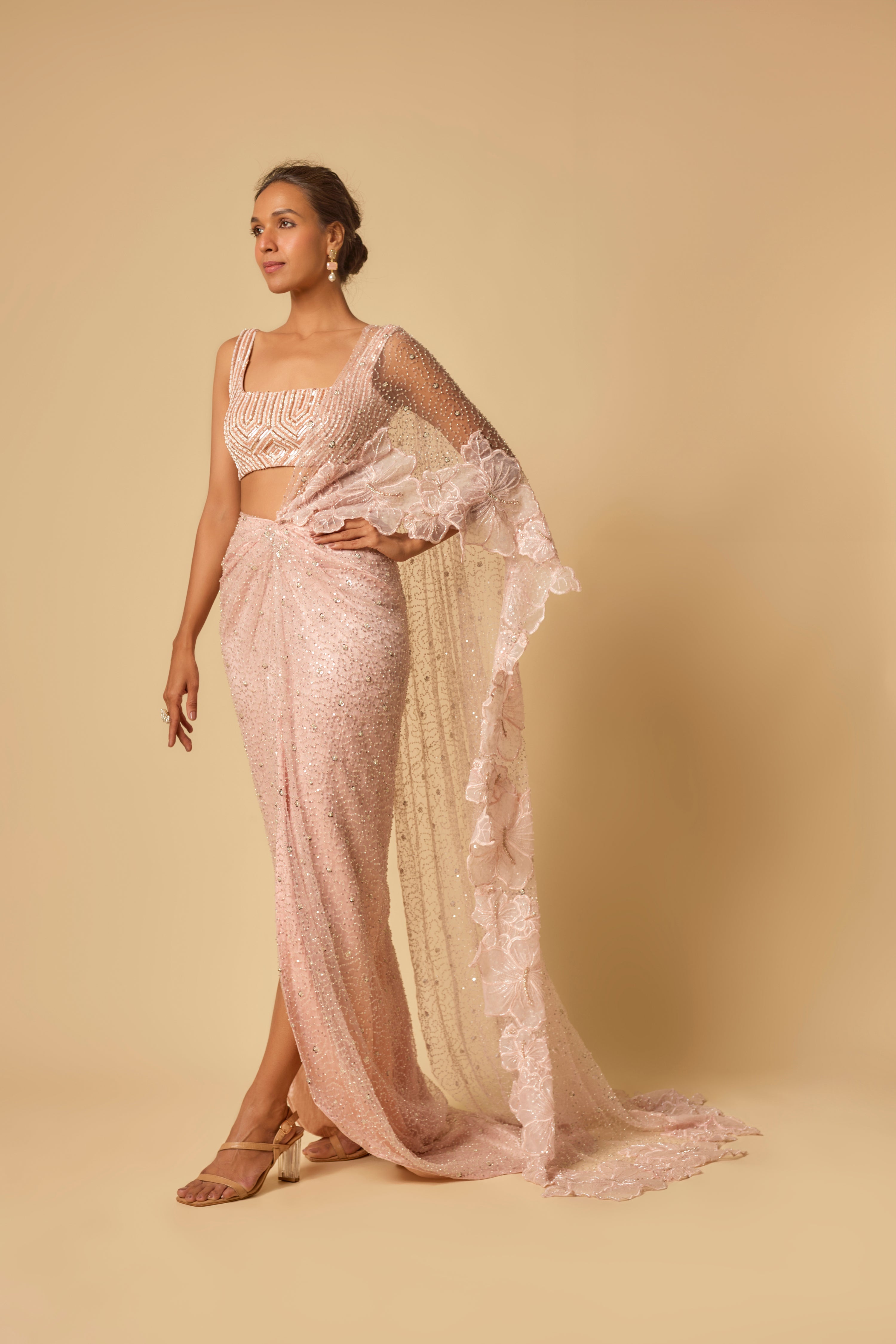 PINK HEAVY EMBROIDERED PRE-STITCHED DRAPE SAREE