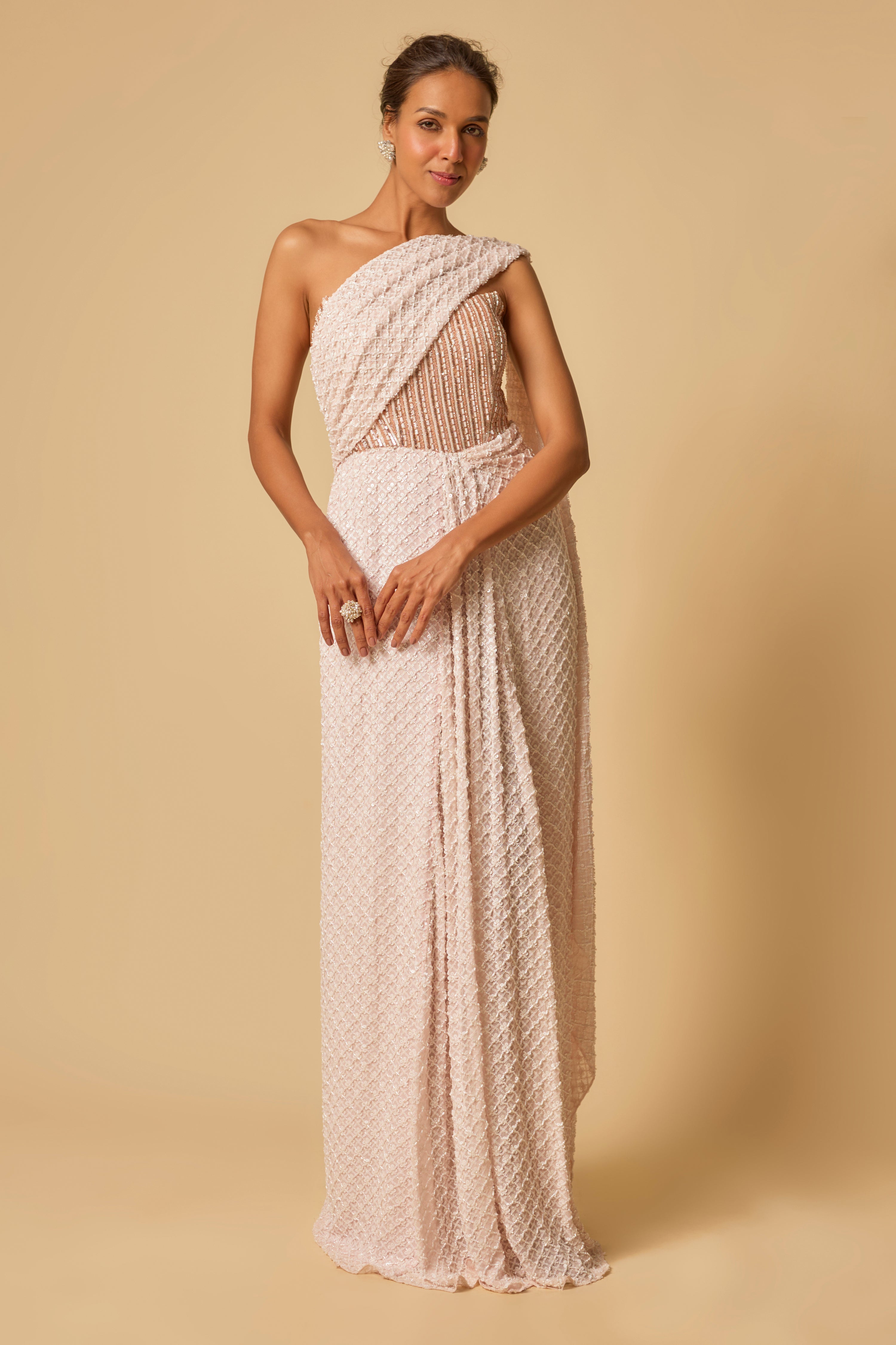 BABY PINK HEAVY EMBROIDERED CORSET PRE-STITCHED GOWN SAREE