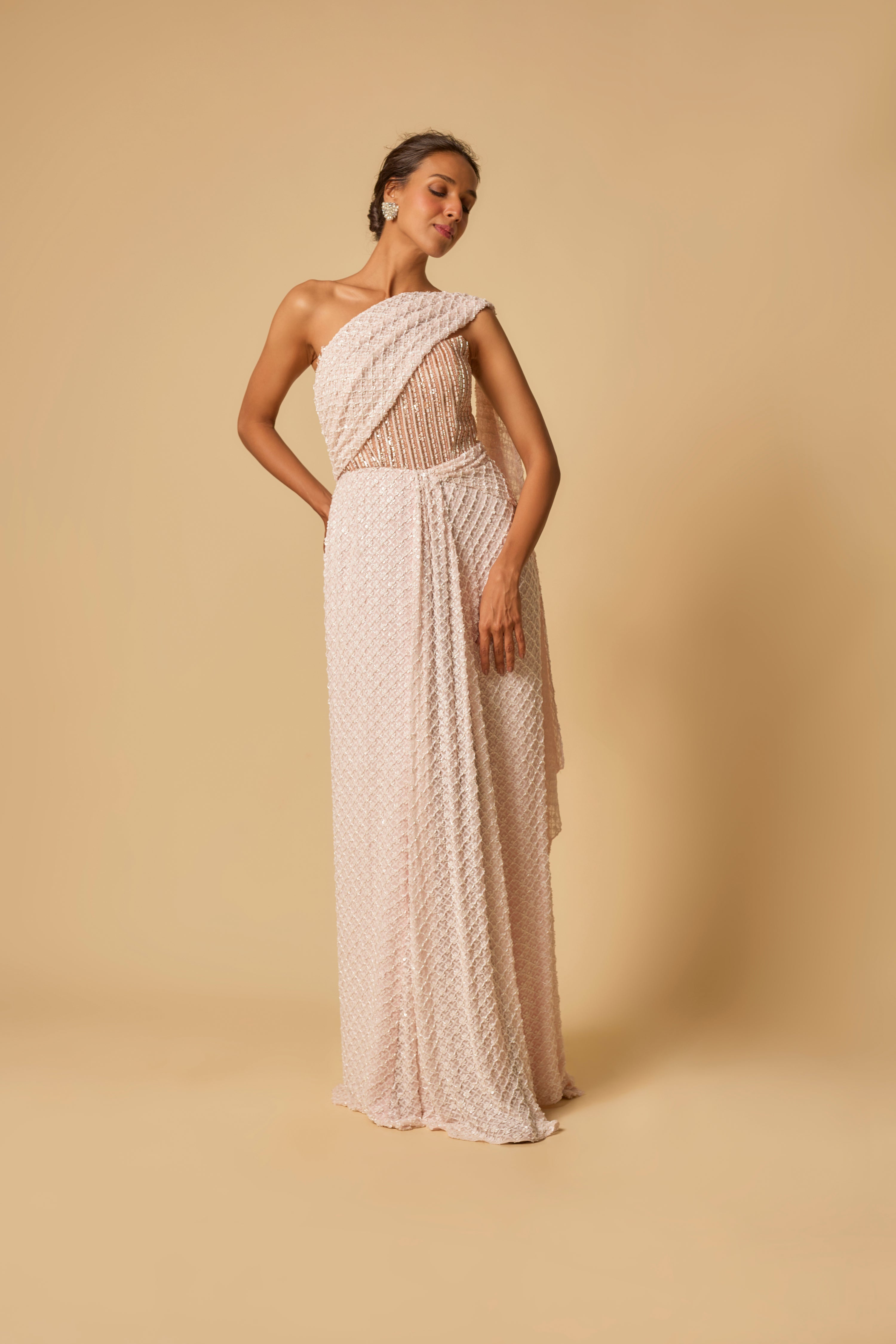 BABY PINK HEAVY EMBROIDERED CORSET PRE-STITCHED GOWN SAREE