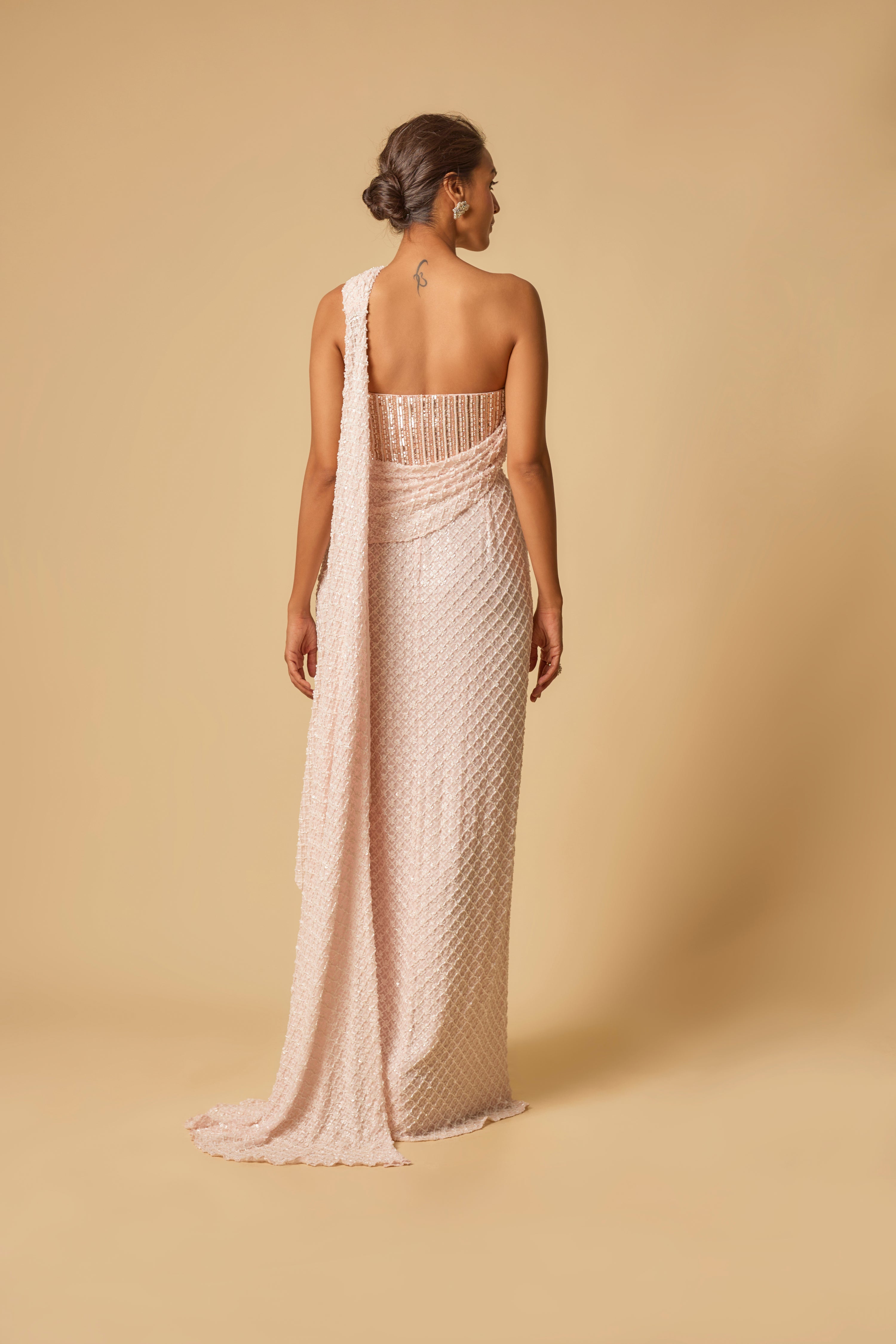 BABY PINK HEAVY EMBROIDERED CORSET PRE-STITCHED GOWN SAREE