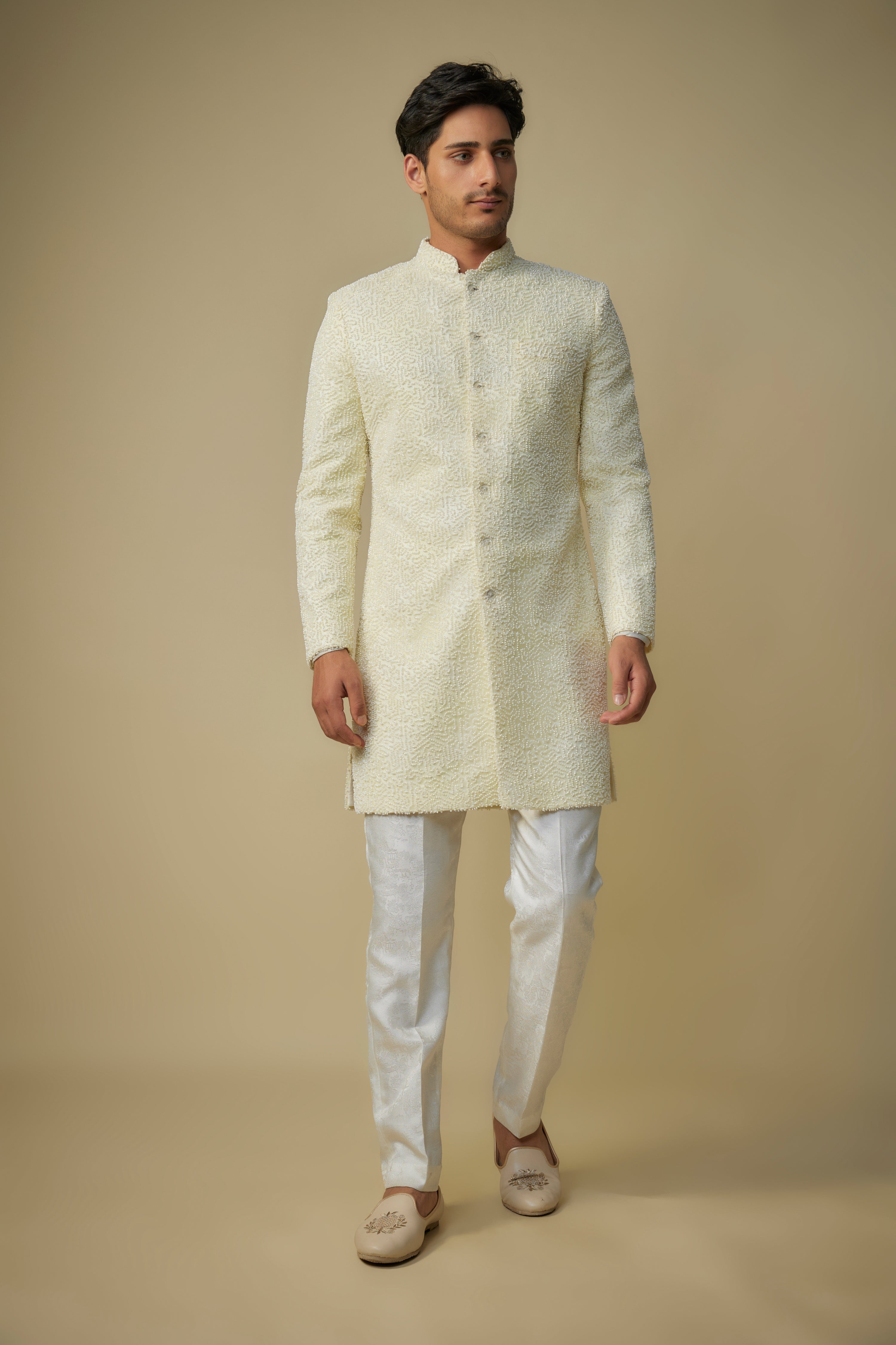 YELLOW EMBROIDERED SHERWANI WITH PANT