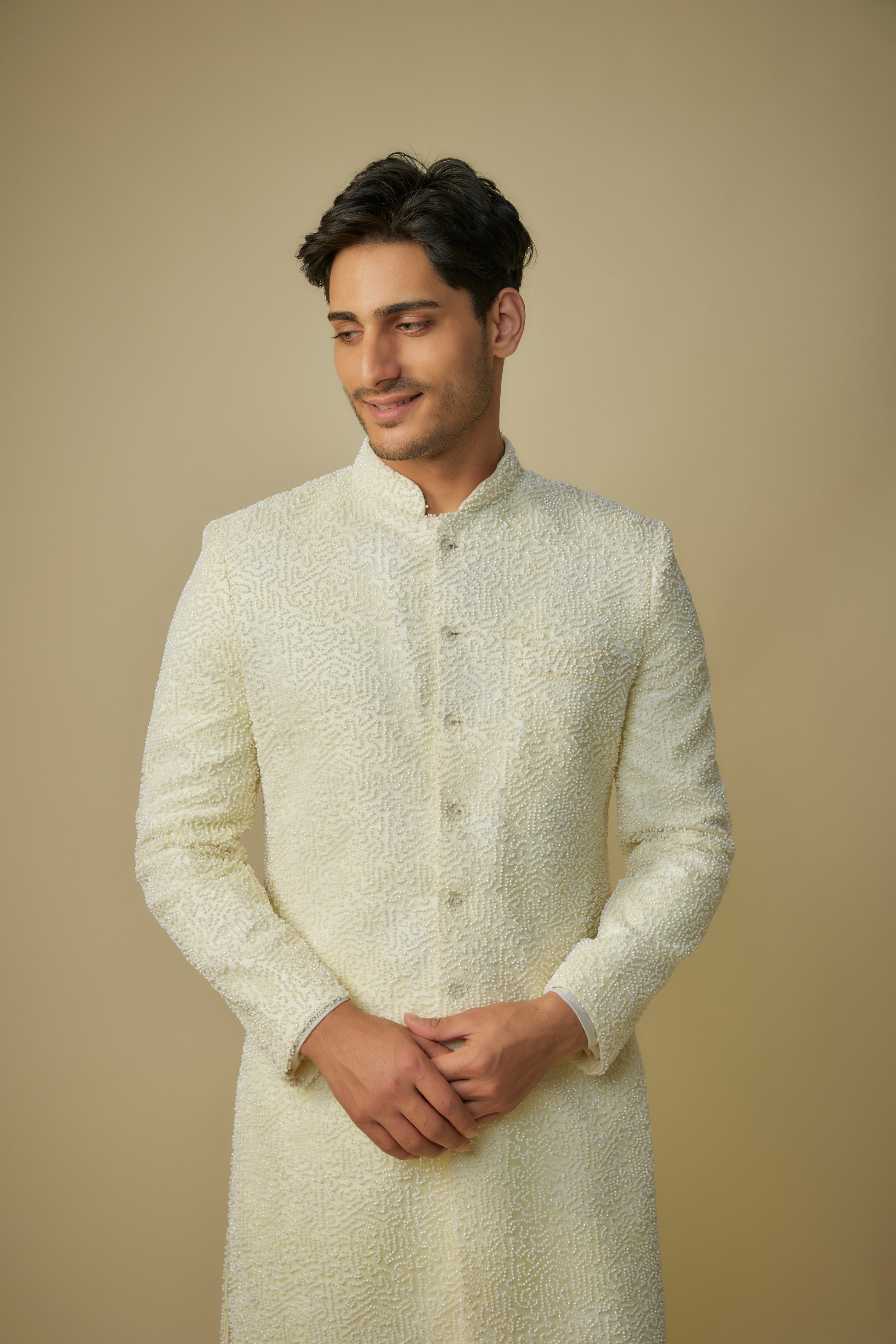 YELLOW EMBROIDERED SHERWANI WITH PANT