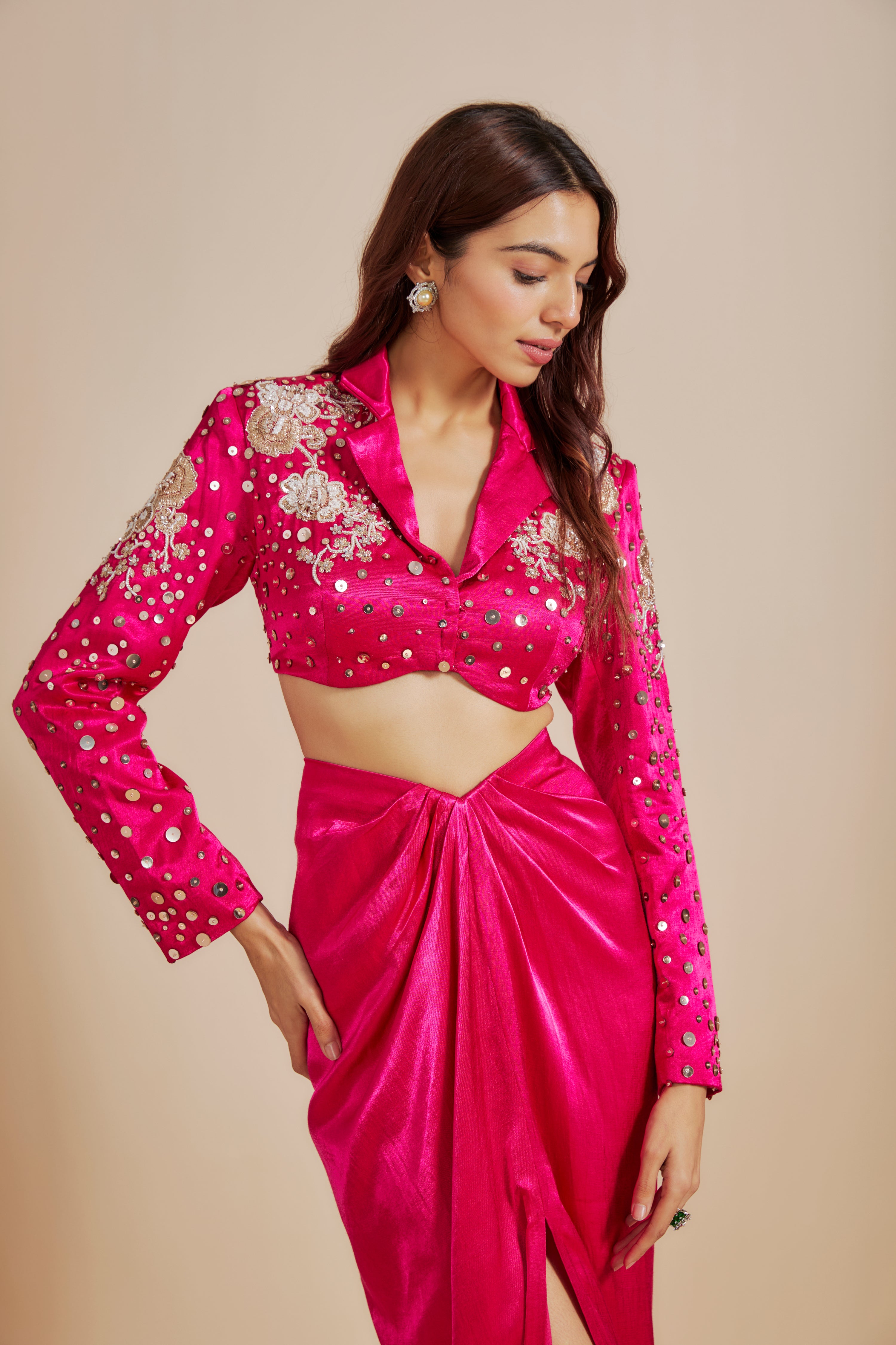 HOT PINK EMBROIDERED BLAZER WITH HOT PINK DRAPE SKIRT