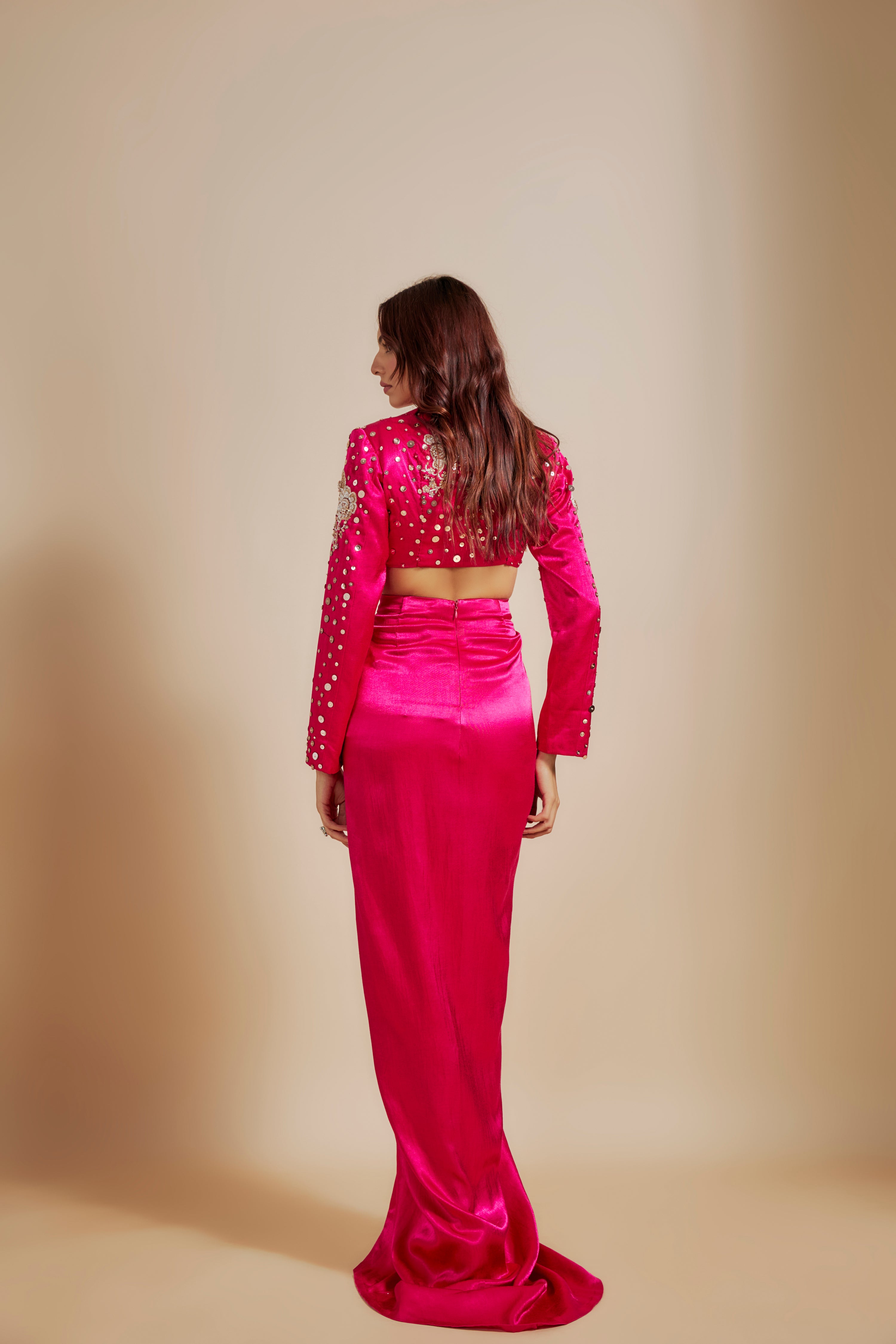 HOT PINK EMBROIDERED BLAZER WITH HOT PINK DRAPE SKIRT