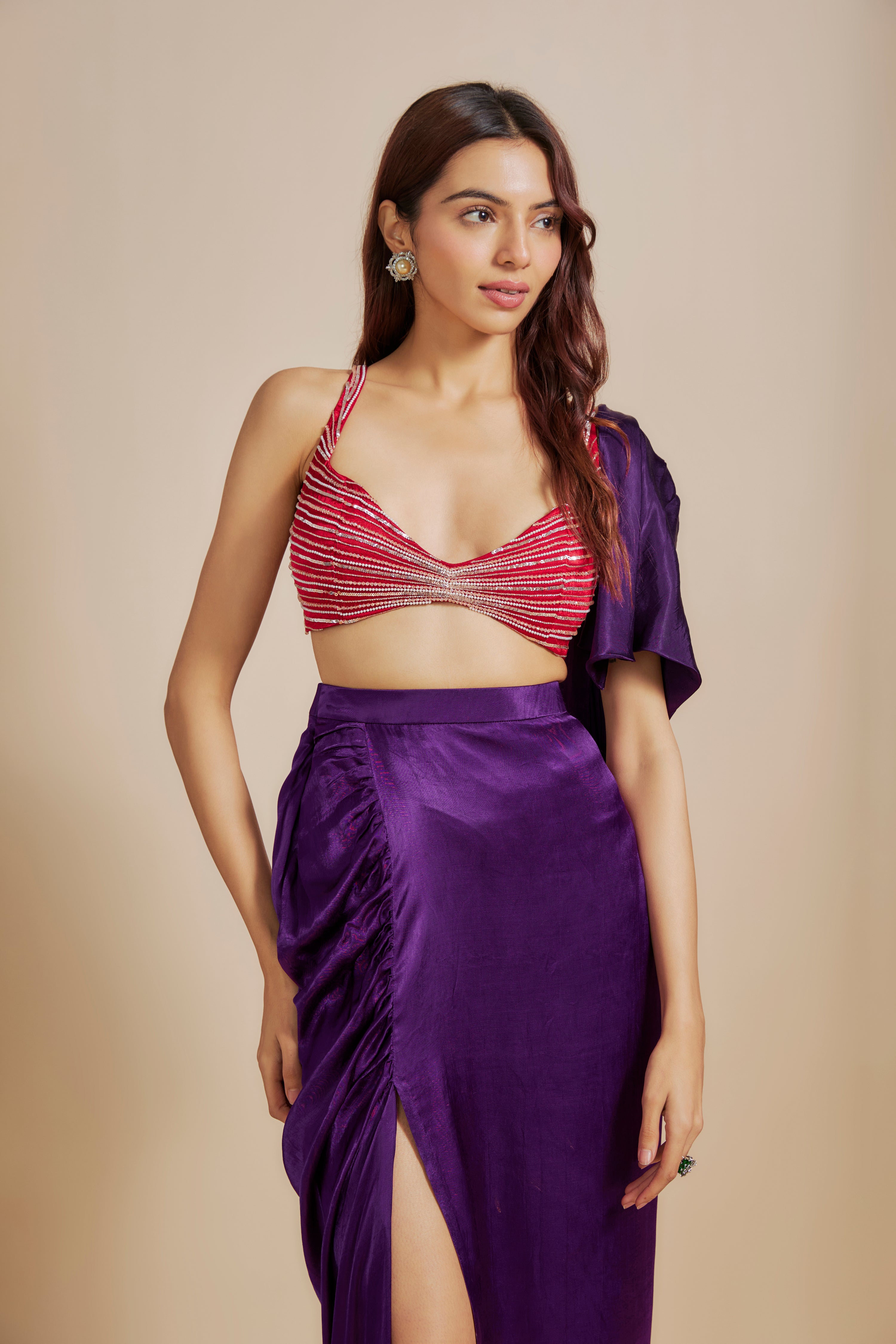 RED EMBOIDERED BLOUSE WITH PURPLE SKIRT & DRAPE