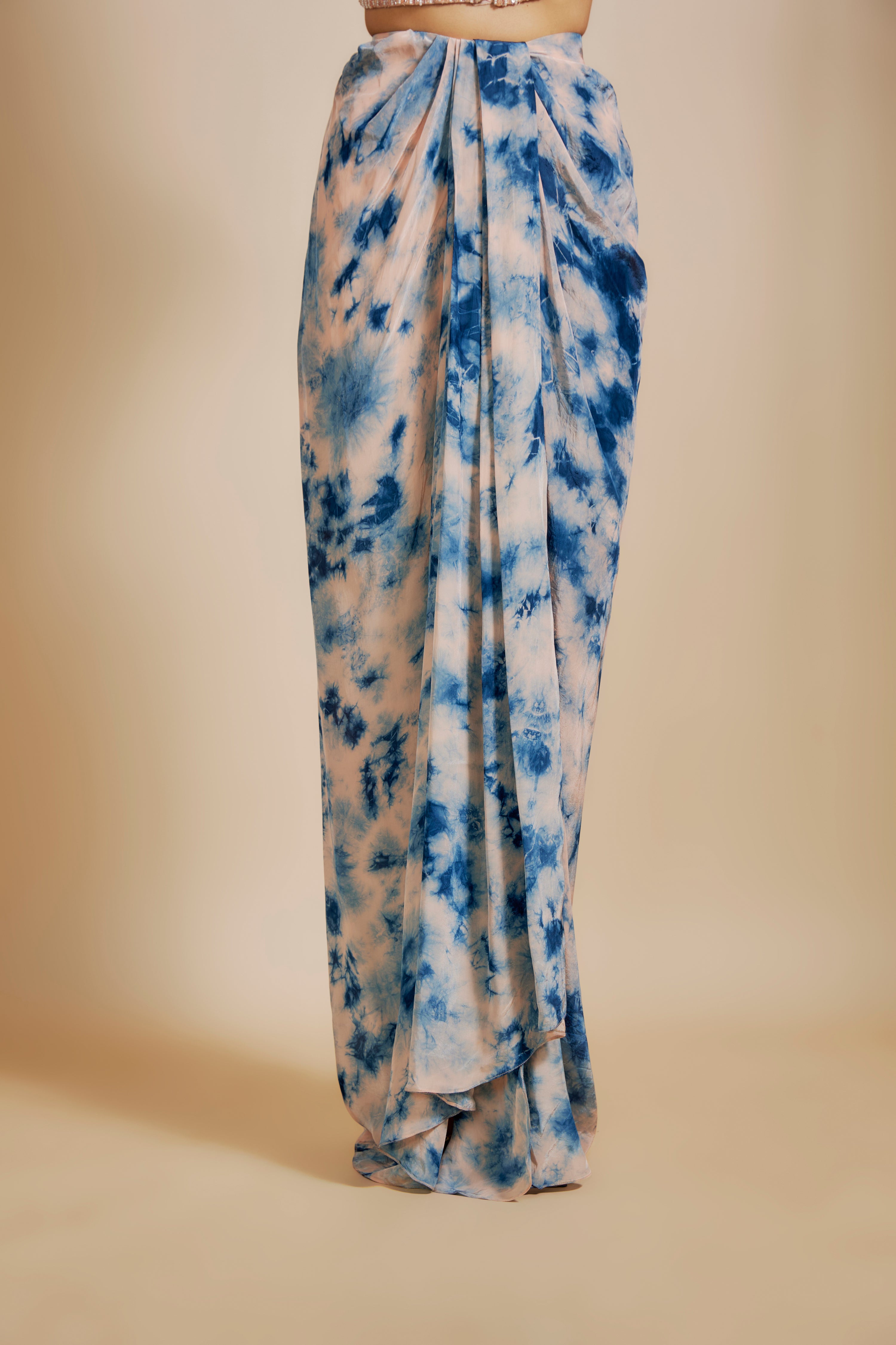 PEACH/ BLUE SHIBORI EMBROIDERED VEST COAT WITH SKIRT