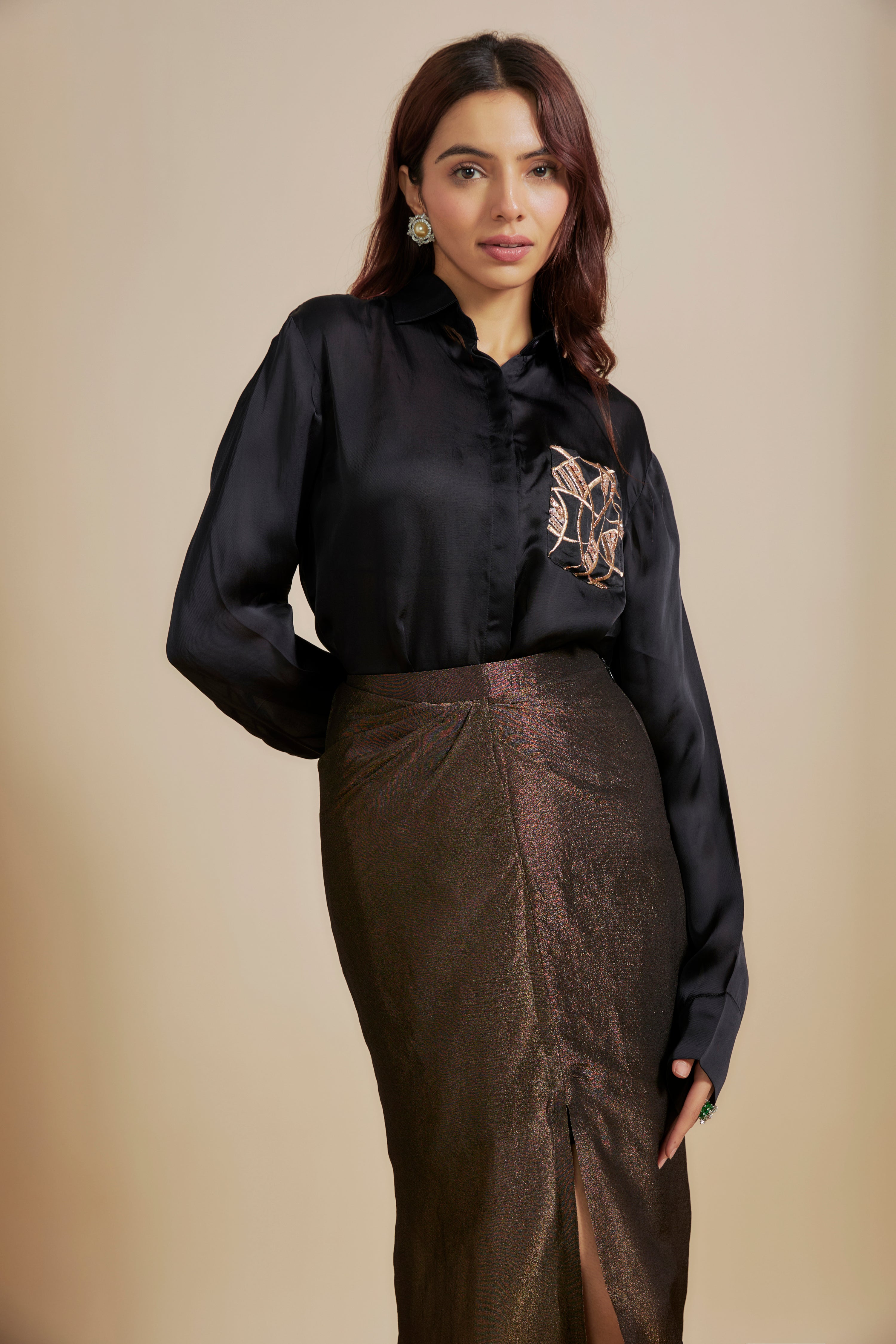 BLACK EMBROIDERED SHIRT WITH BLACK SKIRT