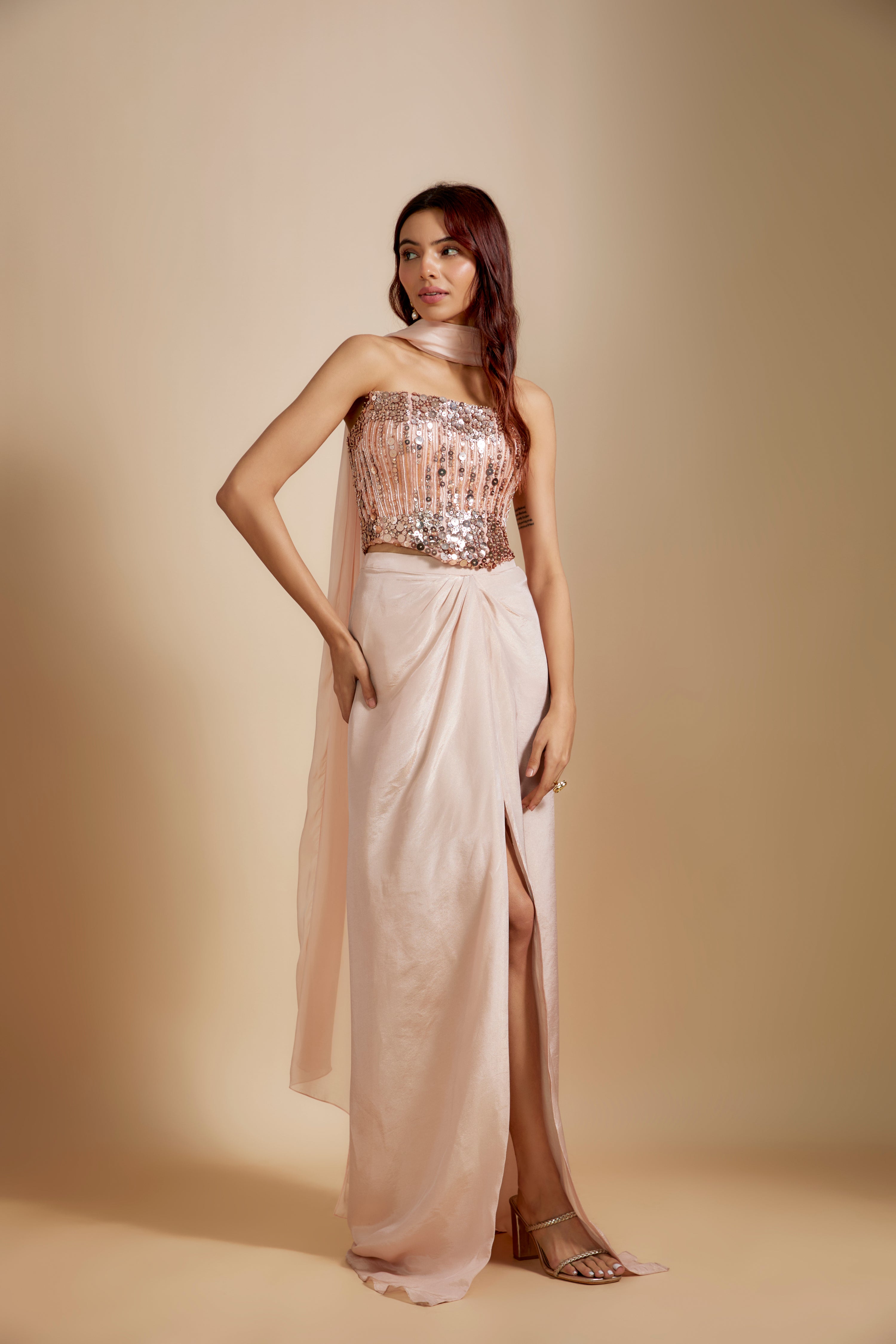 PEACH EMBROIDERED CORSET WITH ROSE GOLD SKIRT