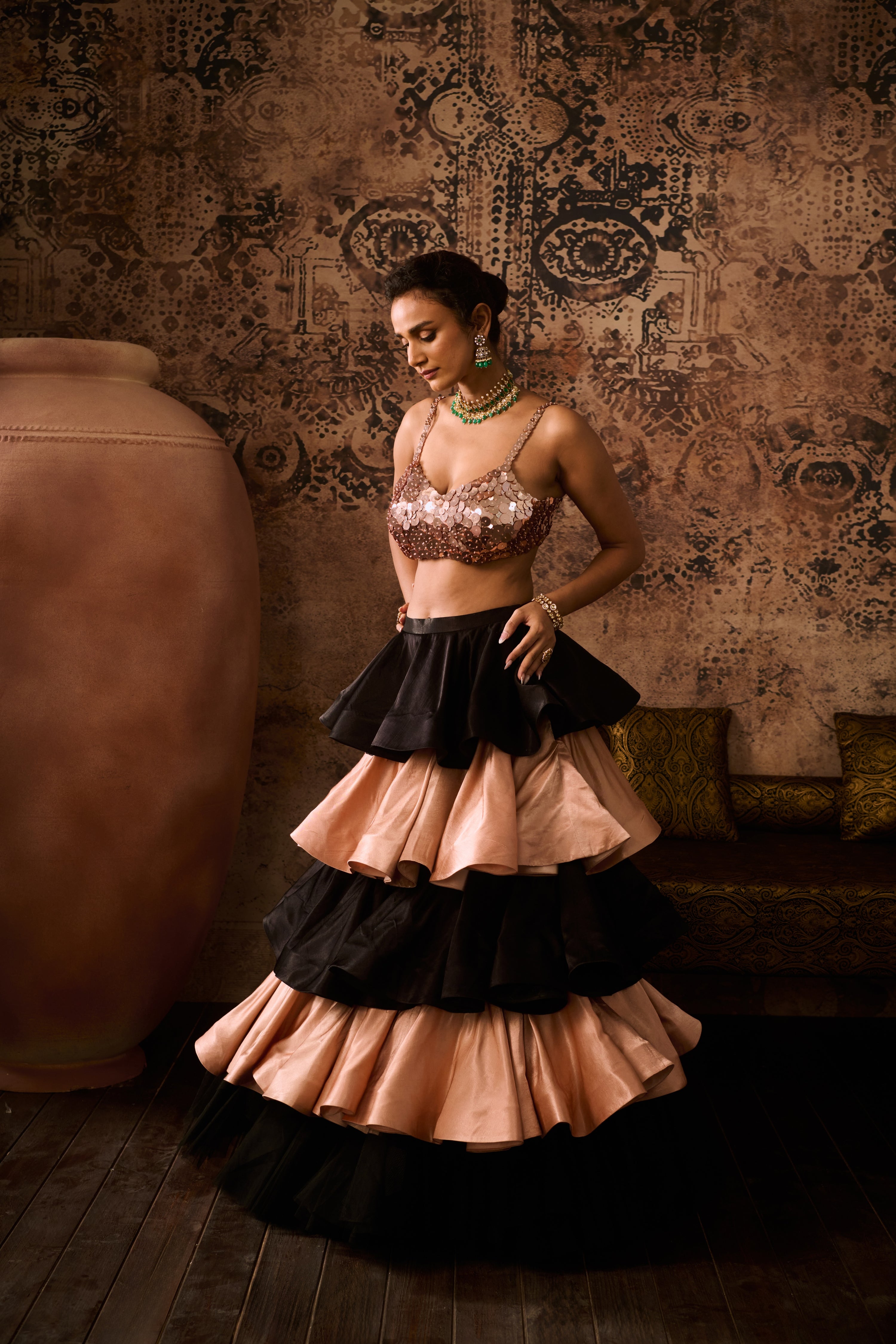 GILDED ROSE BLOUSE & BLACK LAYERED SKIRT SET