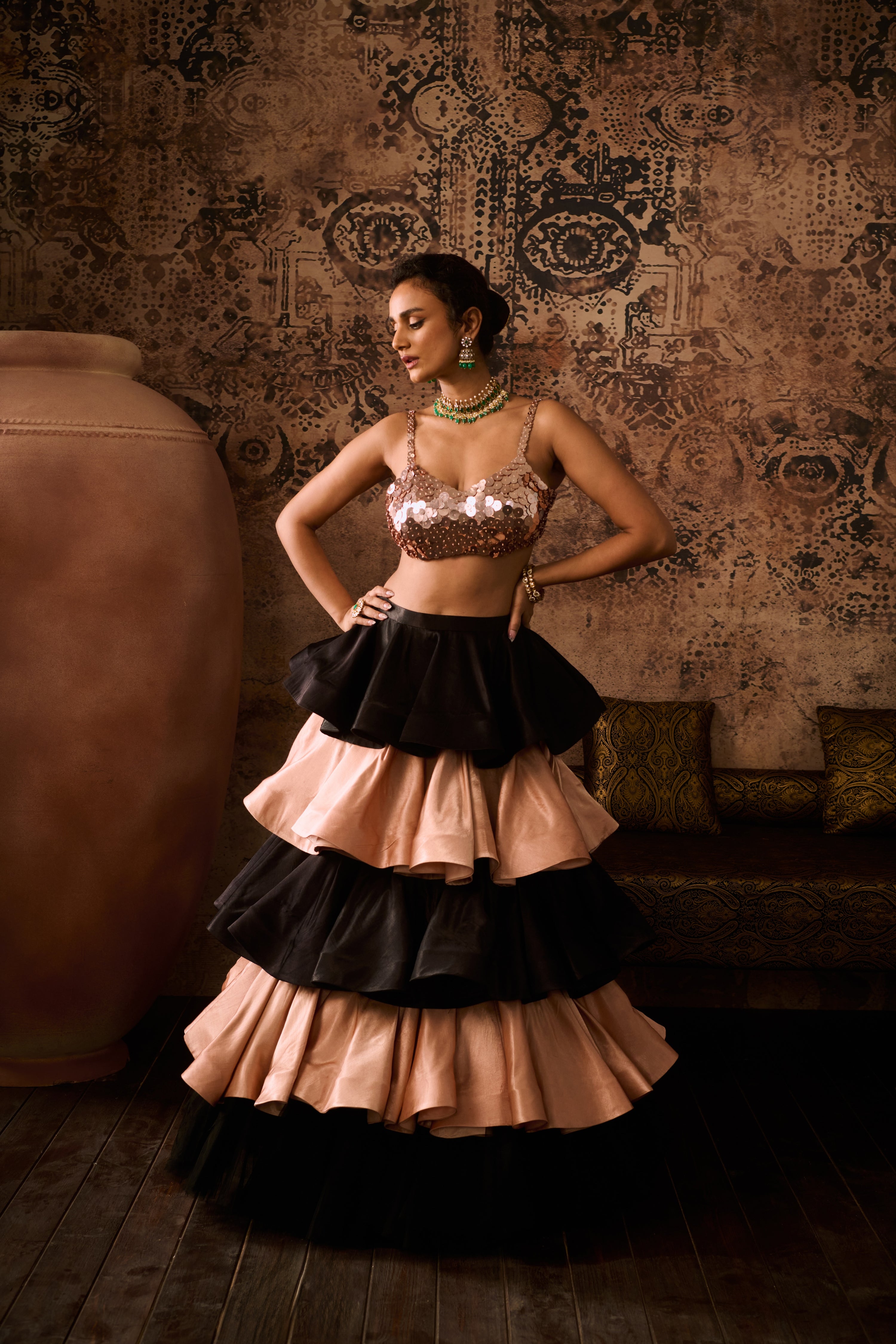 GILDED ROSE BLOUSE & BLACK LAYERED SKIRT SET