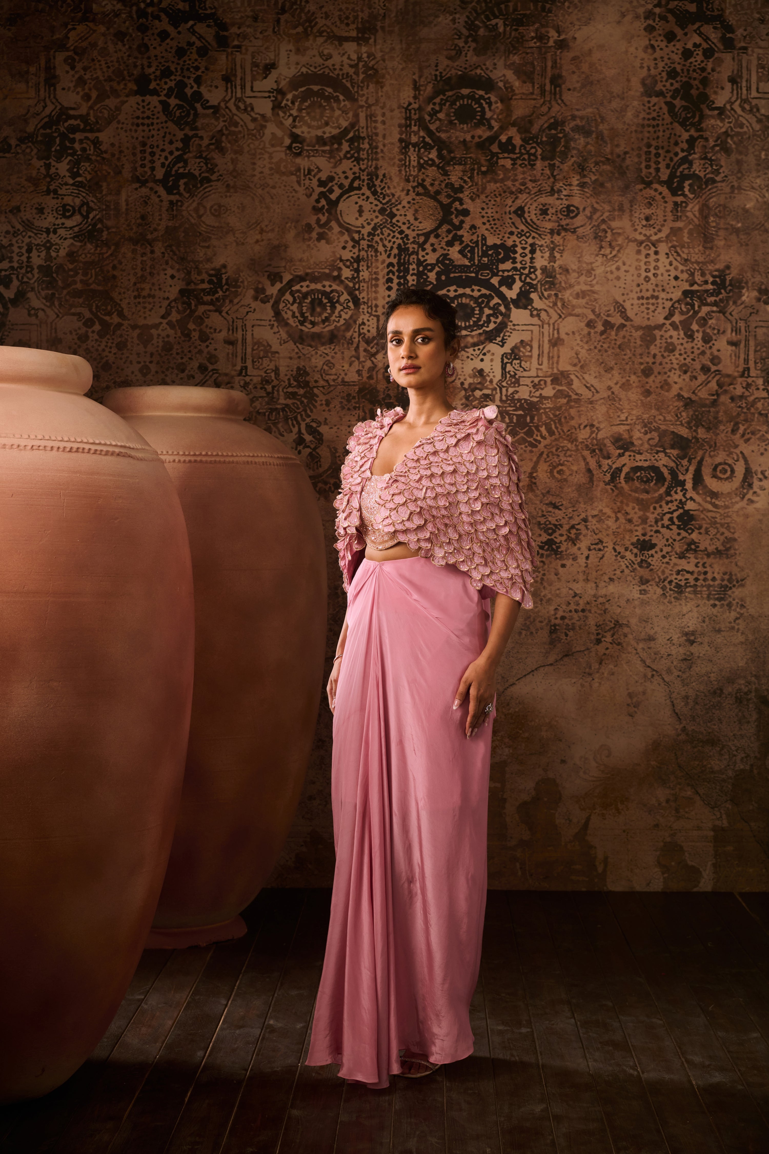 ONION PINK EMBROIDERED JACKET & BUSTIER WITH DRAPE SKIRT