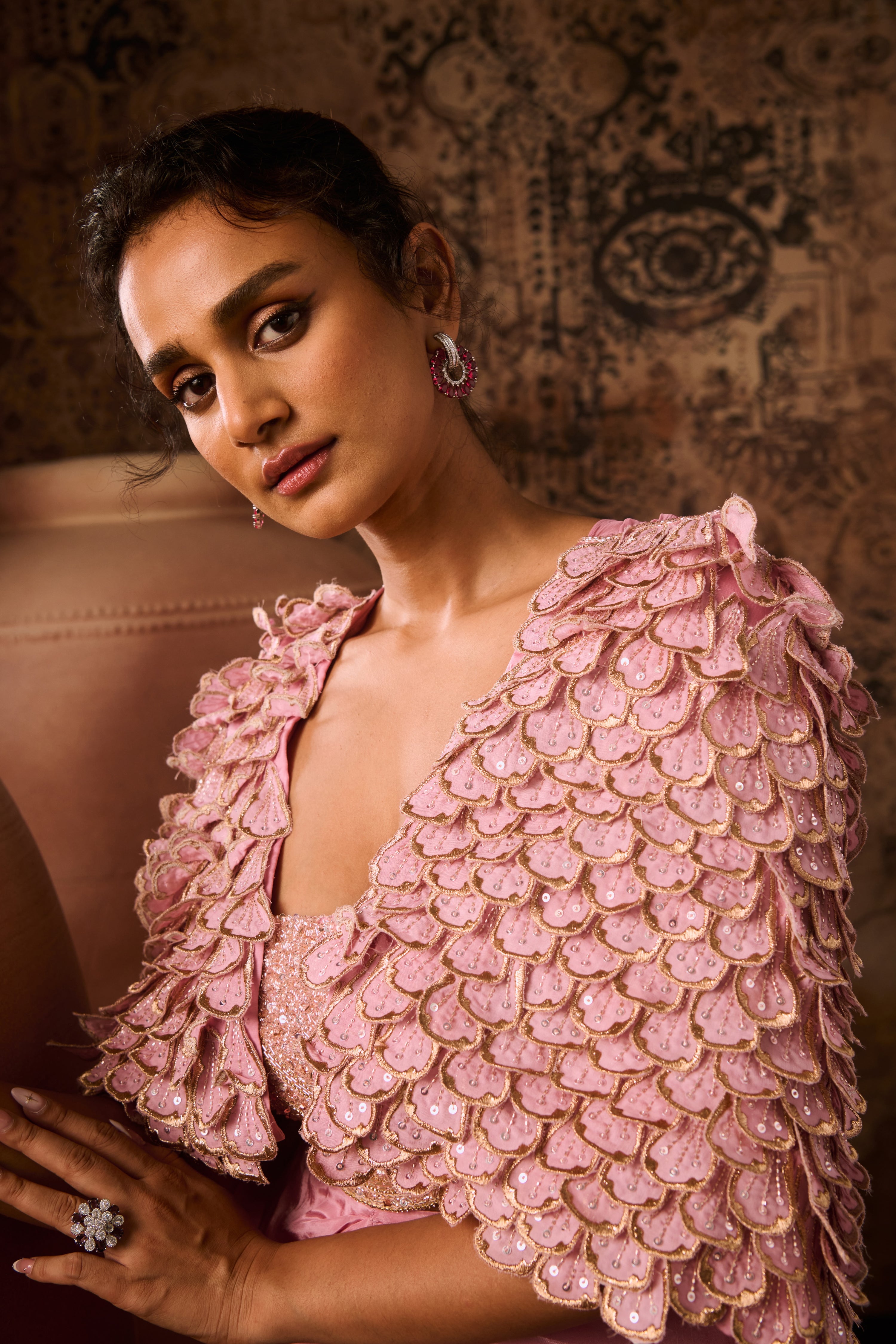 ONION PINK EMBROIDERED JACKET & BUSTIER WITH DRAPE SKIRT